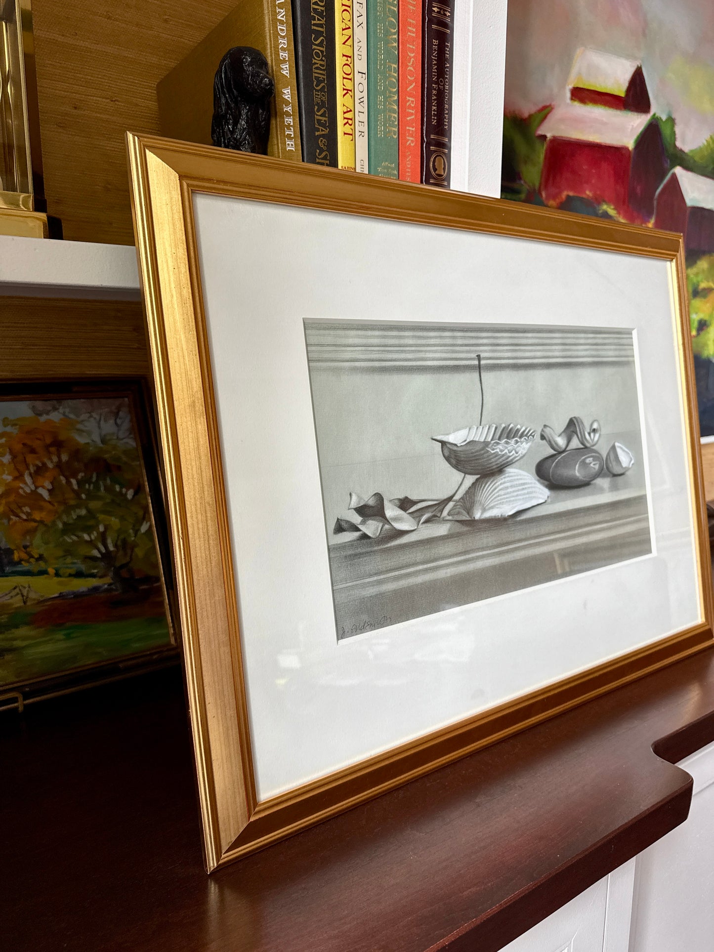 Judith Goldsmith Realist Mantelpiece I Still Life Graphite Drawing Seashells and Beach Stones in Gold Frame