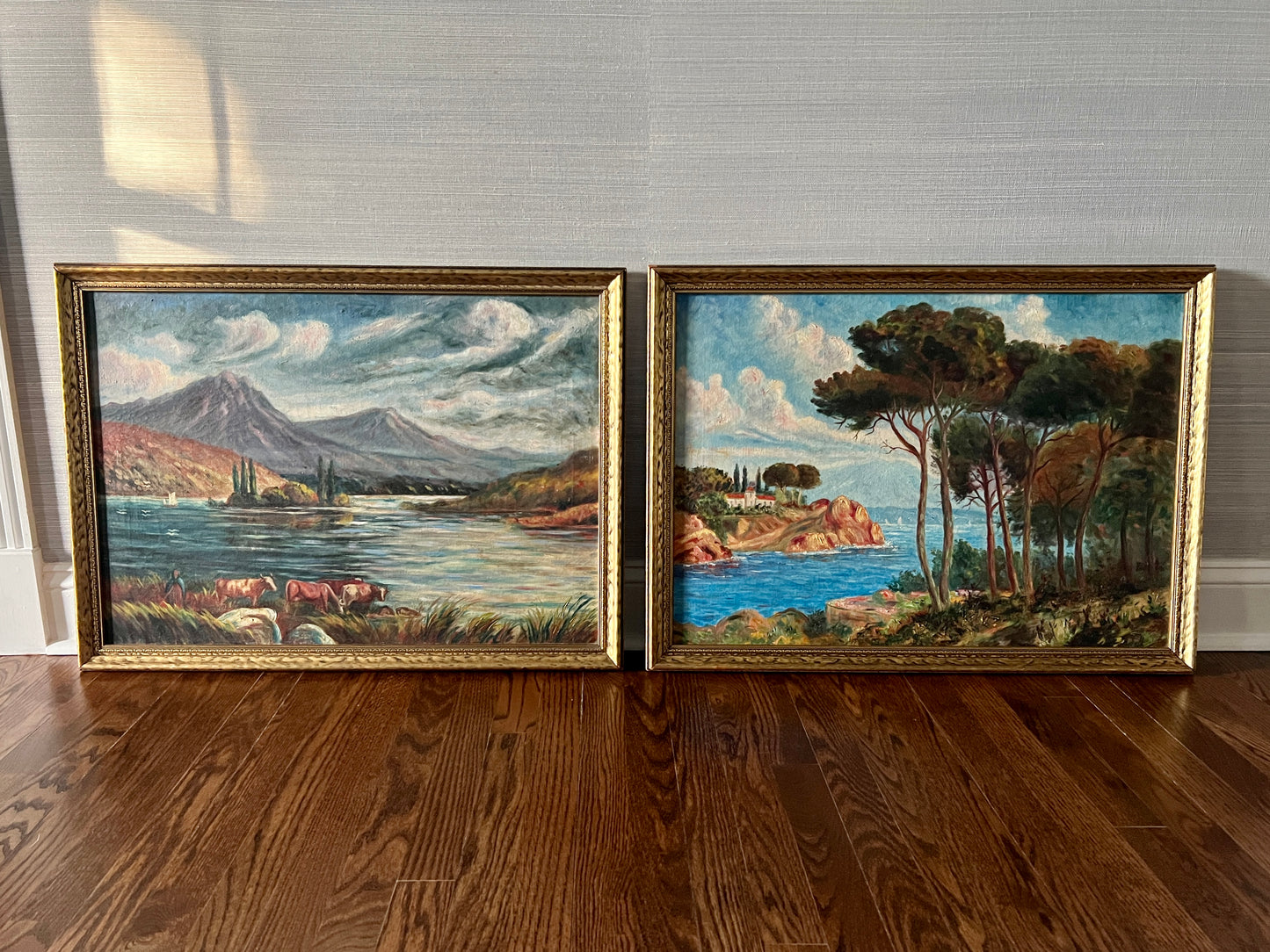 Mid Century European Coastal Mountain Landscape with Cows Oil Painting in Gold Frame
