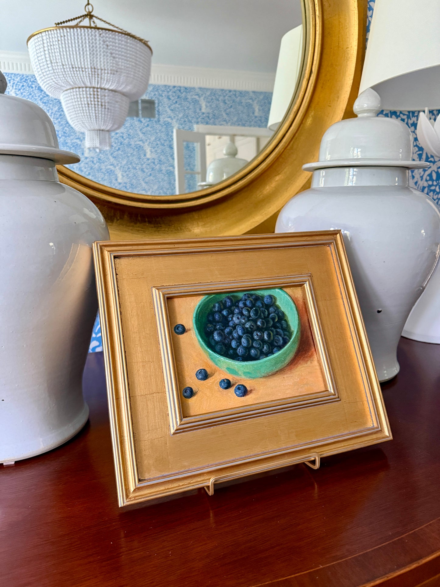 Blueberries in Green Ceramic Bowl Realist Still Life Oil Painting in Gold Frame
