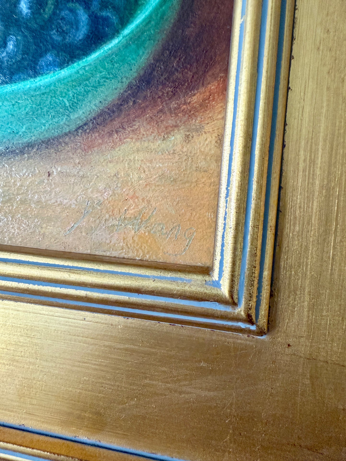 Blueberries in Green Ceramic Bowl Realist Still Life Oil Painting in Gold Frame