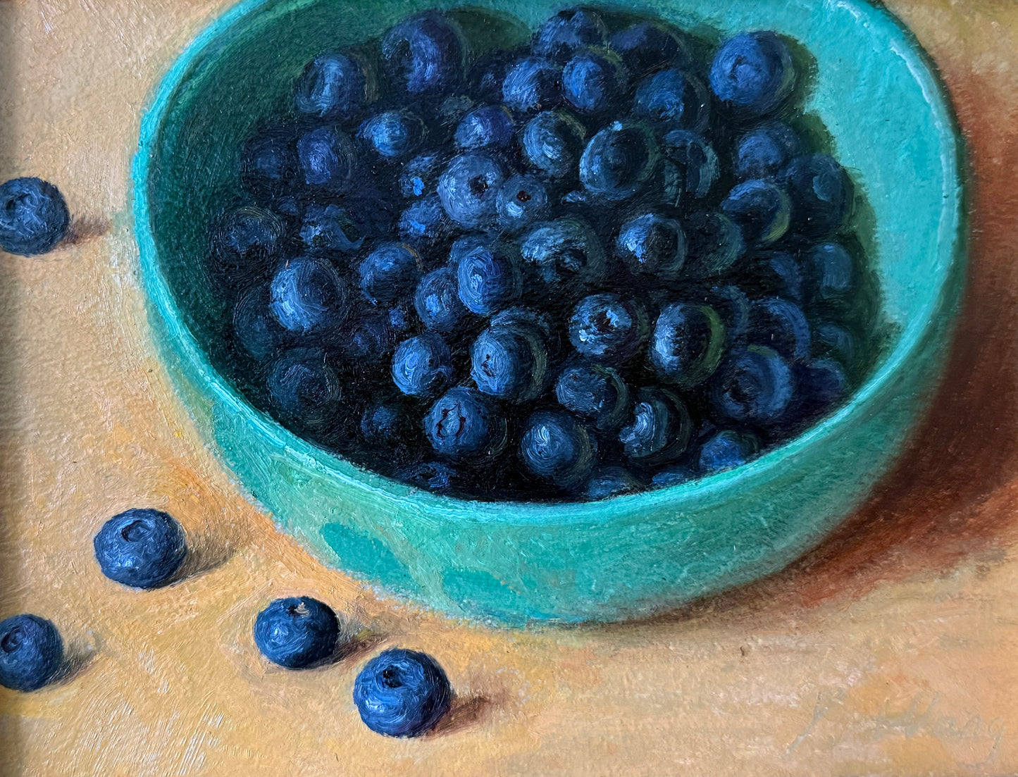 Blueberries in Green Ceramic Bowl Realist Still Life Oil Painting in Gold Frame