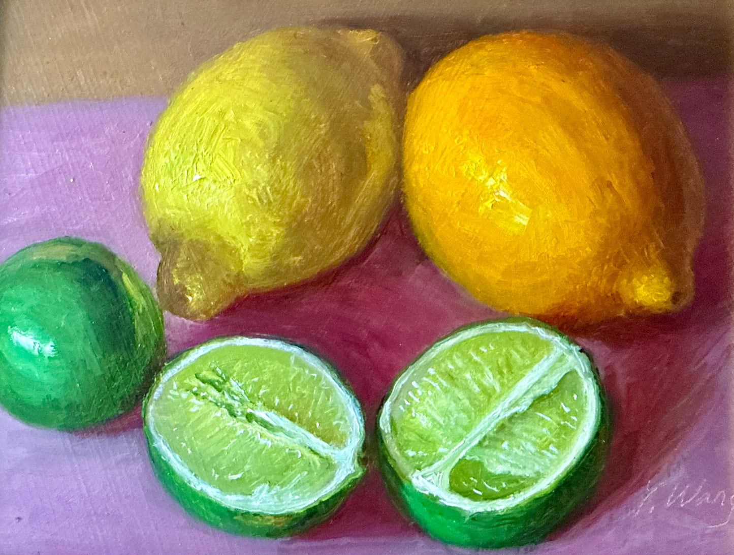 Lemons and Limes on Pink Cloth Realist Still Life Oil Painting in Gold Frame