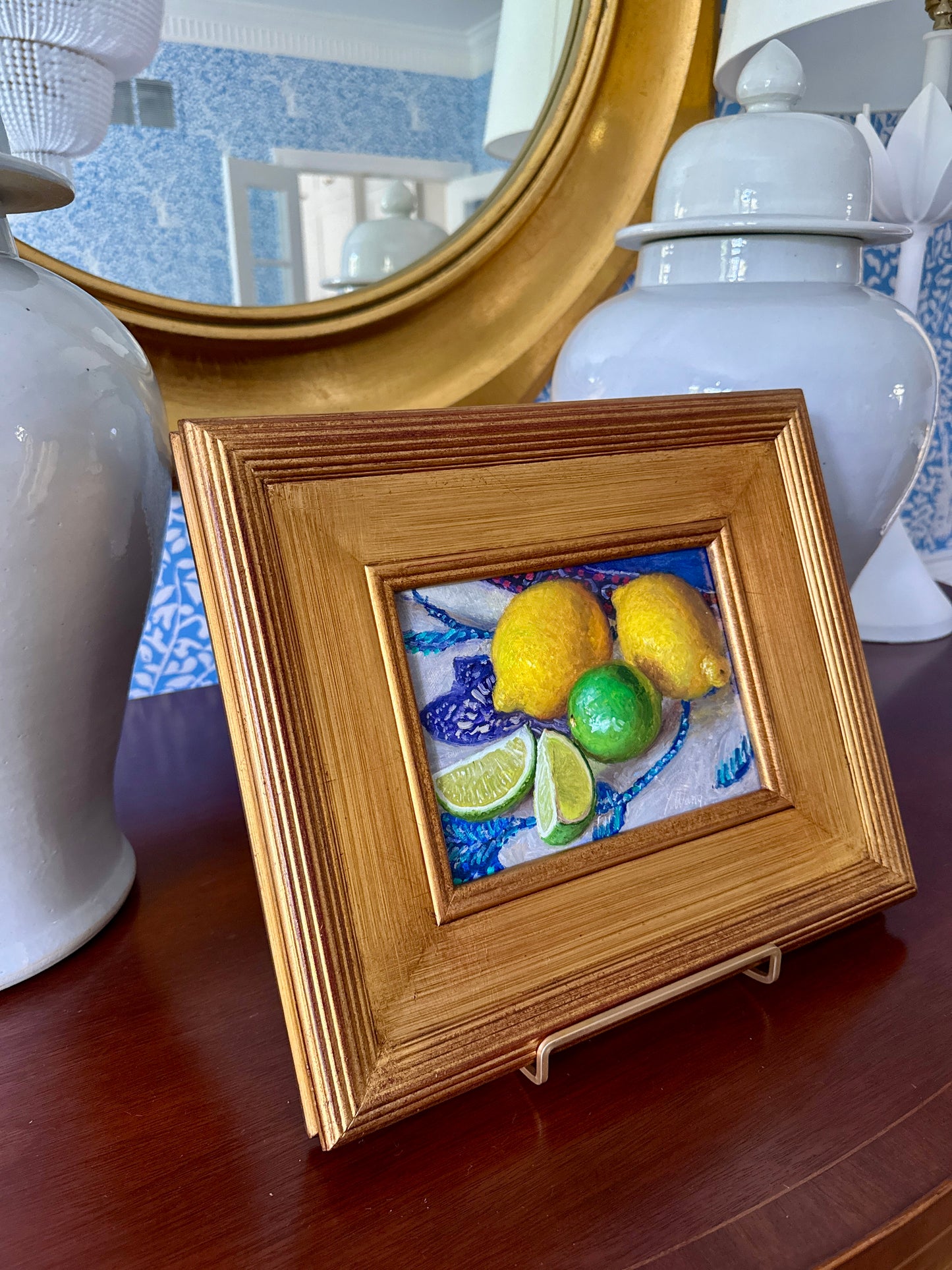 Lemons and Limes on Blue and White Tablecloth Realist Still Life Oil Painting in Gold Frame