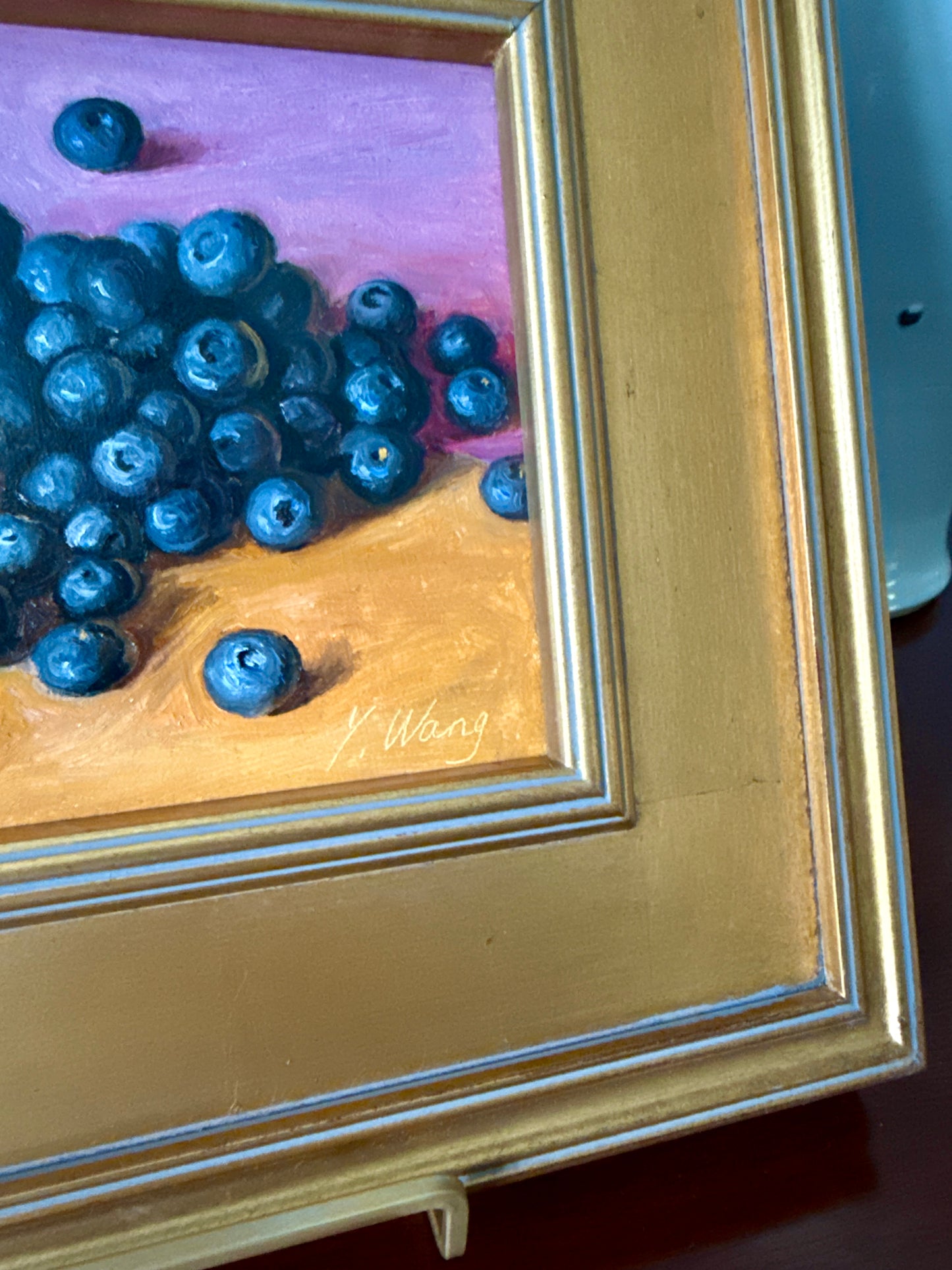 Blueberries on Pink and Orange Realist Still Life Oil Painting in Gold Frame