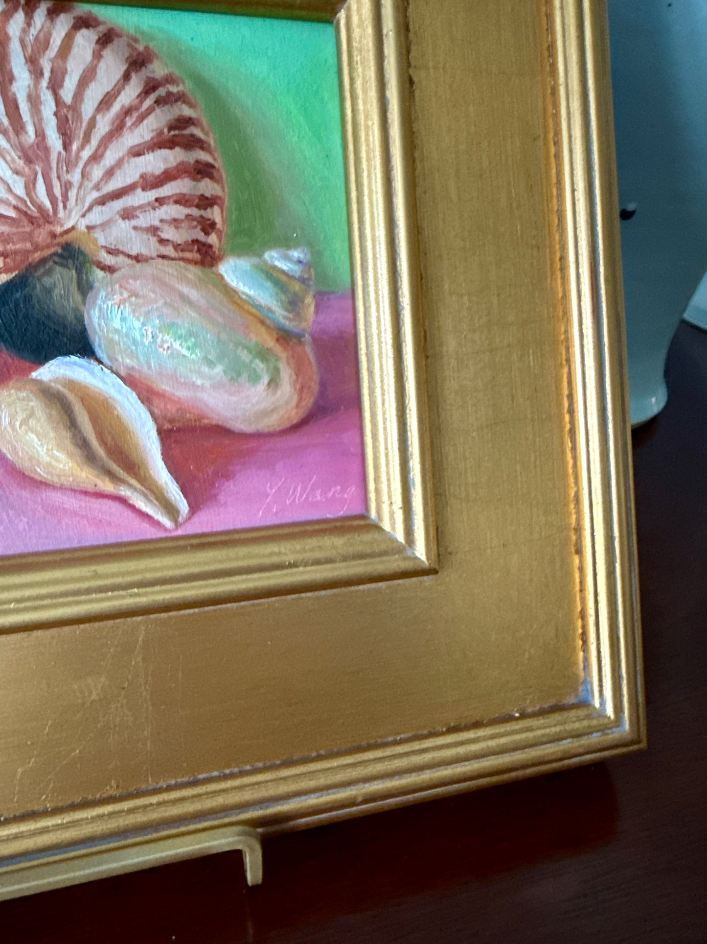 Seashell Collection on Pink Realist Still Life Oil Painting in Gold Frame