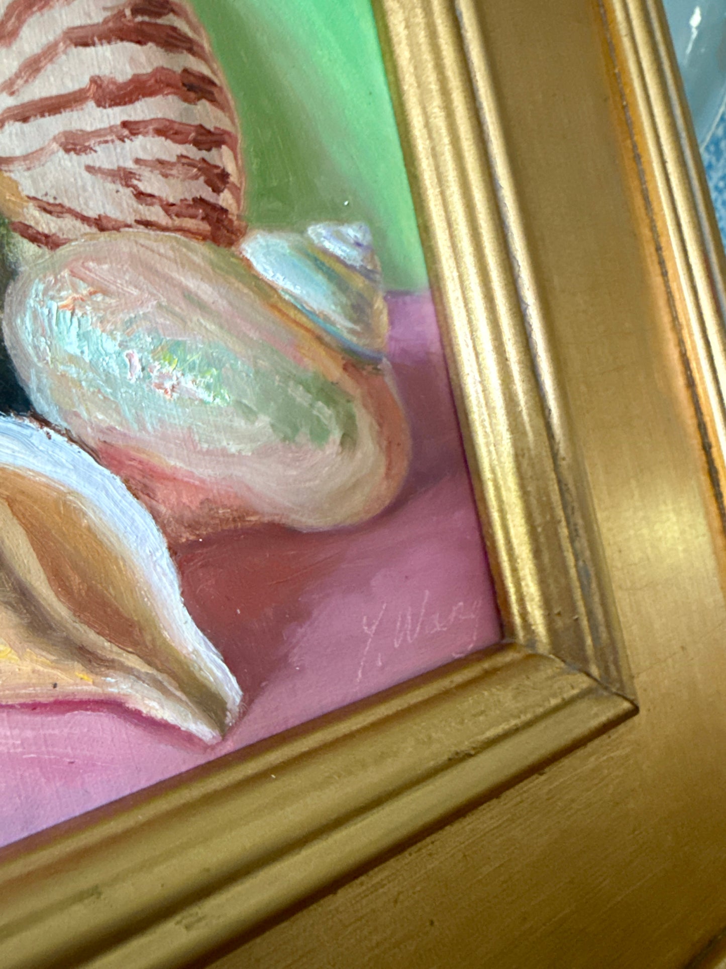 Seashell Collection on Pink Realist Still Life Oil Painting in Gold Frame