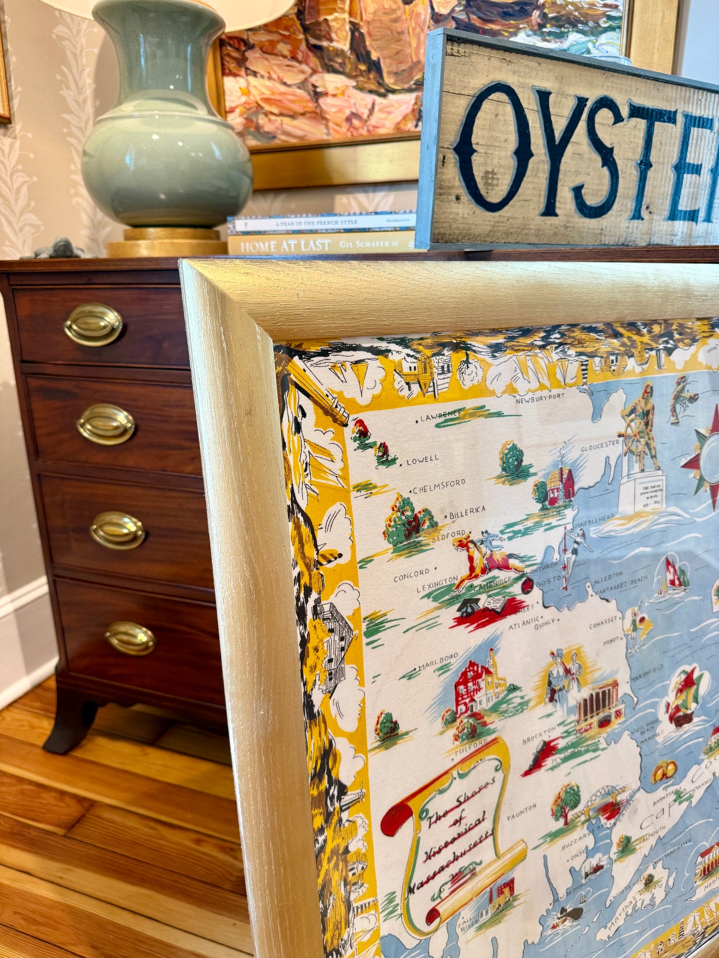 XL Vintage Cape Cod Nantucket Martha's Vineyard Shores of Historical Massachusetts Textile Map in Gold Frame
