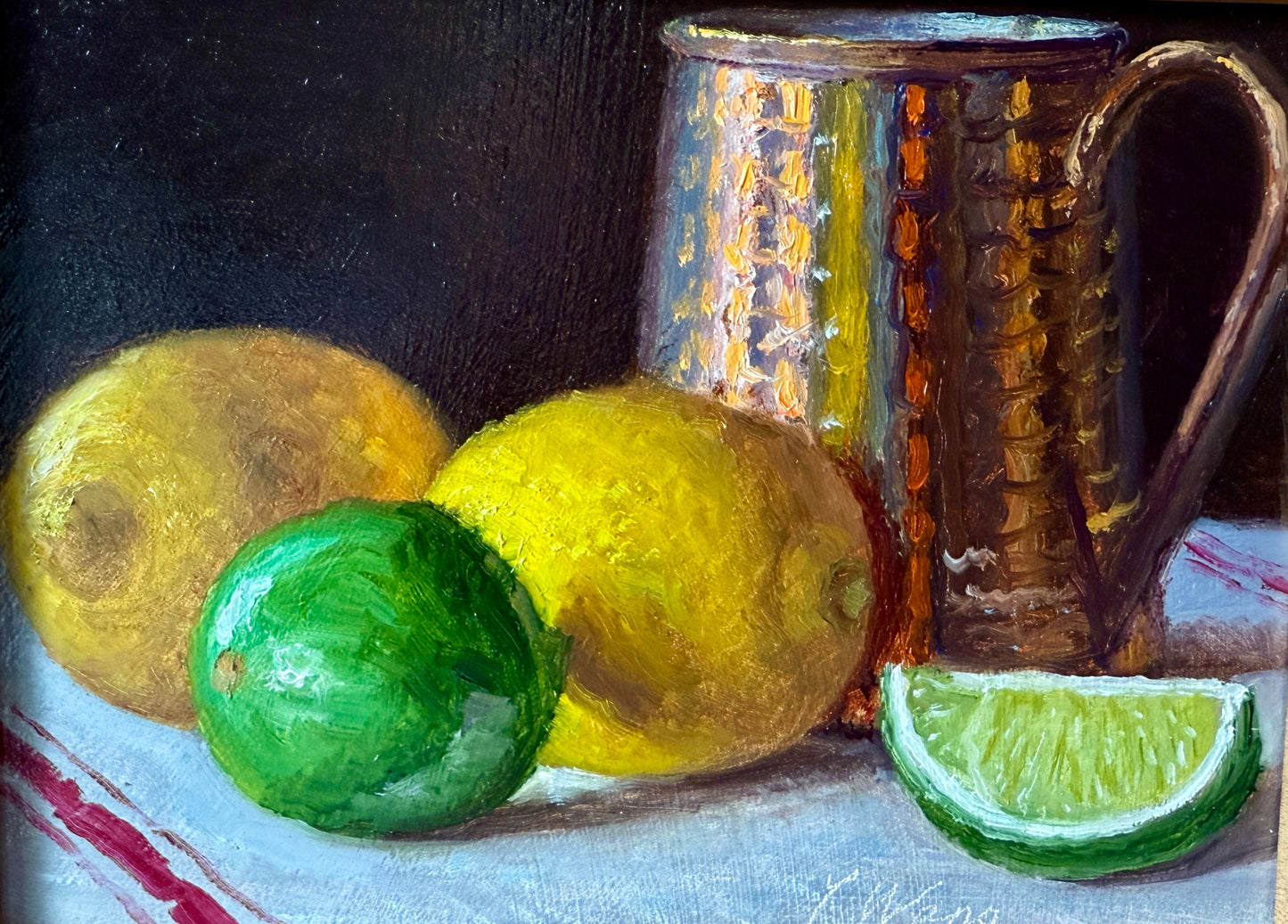 Lemons and Limes with Copper Mug Realist Still Life Oil Painting in Gold Frame