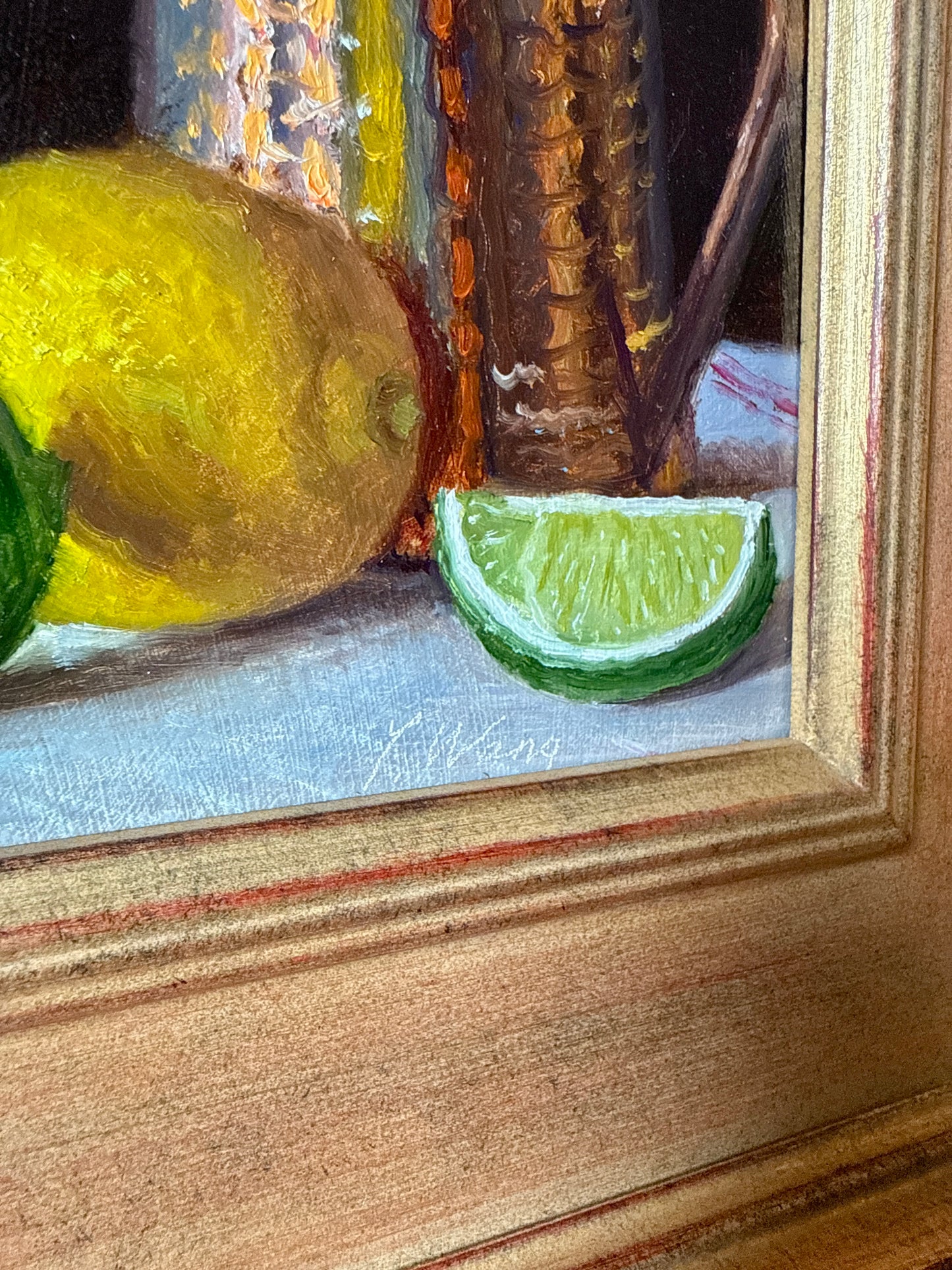 Lemons and Limes with Copper Mug Realist Still Life Oil Painting in Gold Frame