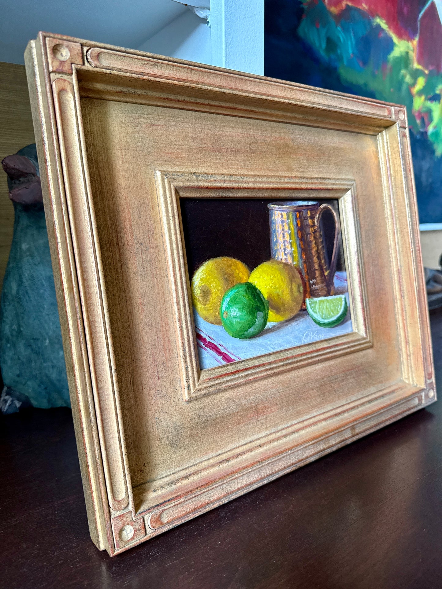 Lemons and Limes with Copper Mug Realist Still Life Oil Painting in Gold Frame