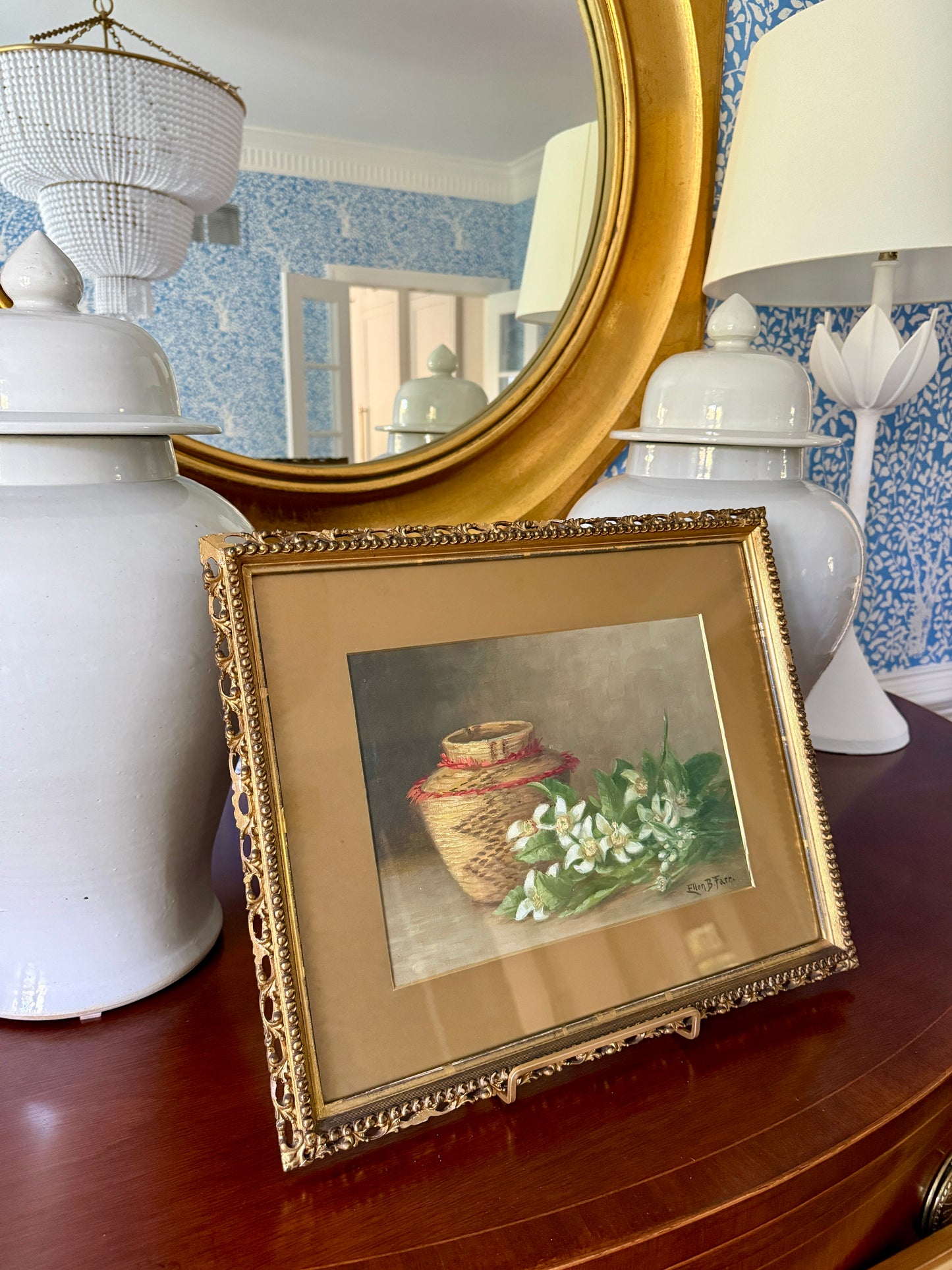 Ellen Frances Burpee Farr Early 20th Century Woven Basket Still Life Oil Painting in Antique Gold Frame