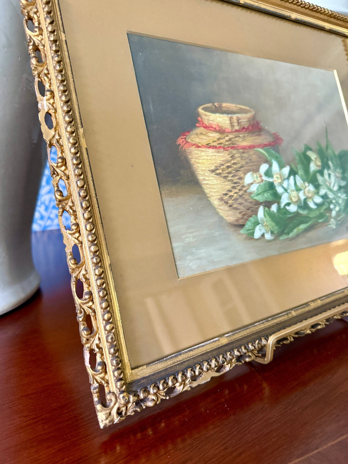 Ellen Frances Burpee Farr Early 20th Century Woven Basket Still Life Oil Painting in Antique Gold Frame