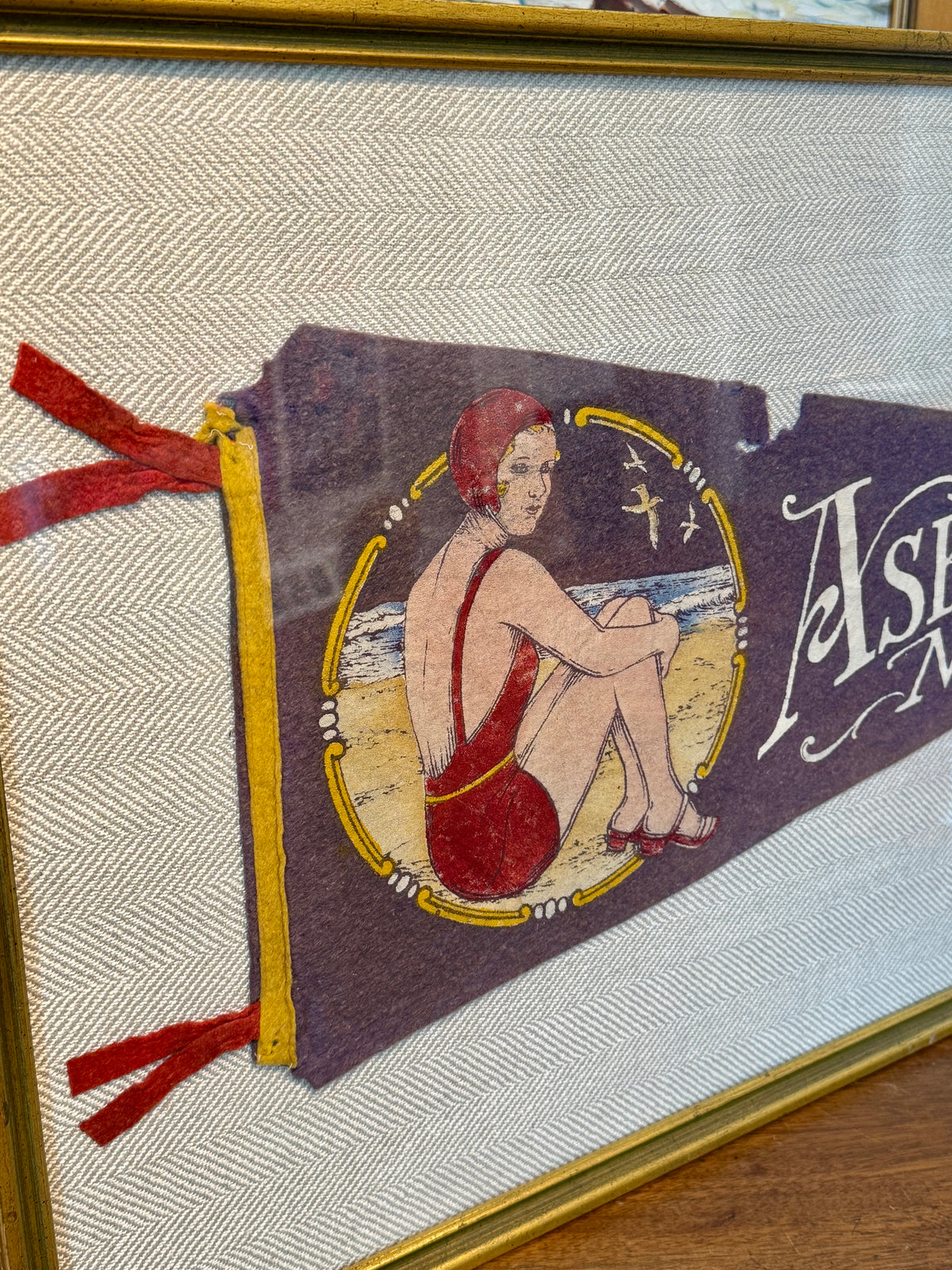Vintage Asbury Park NJ Swimmer Felt Pennant on Neutral Herringbone in Gold Frame