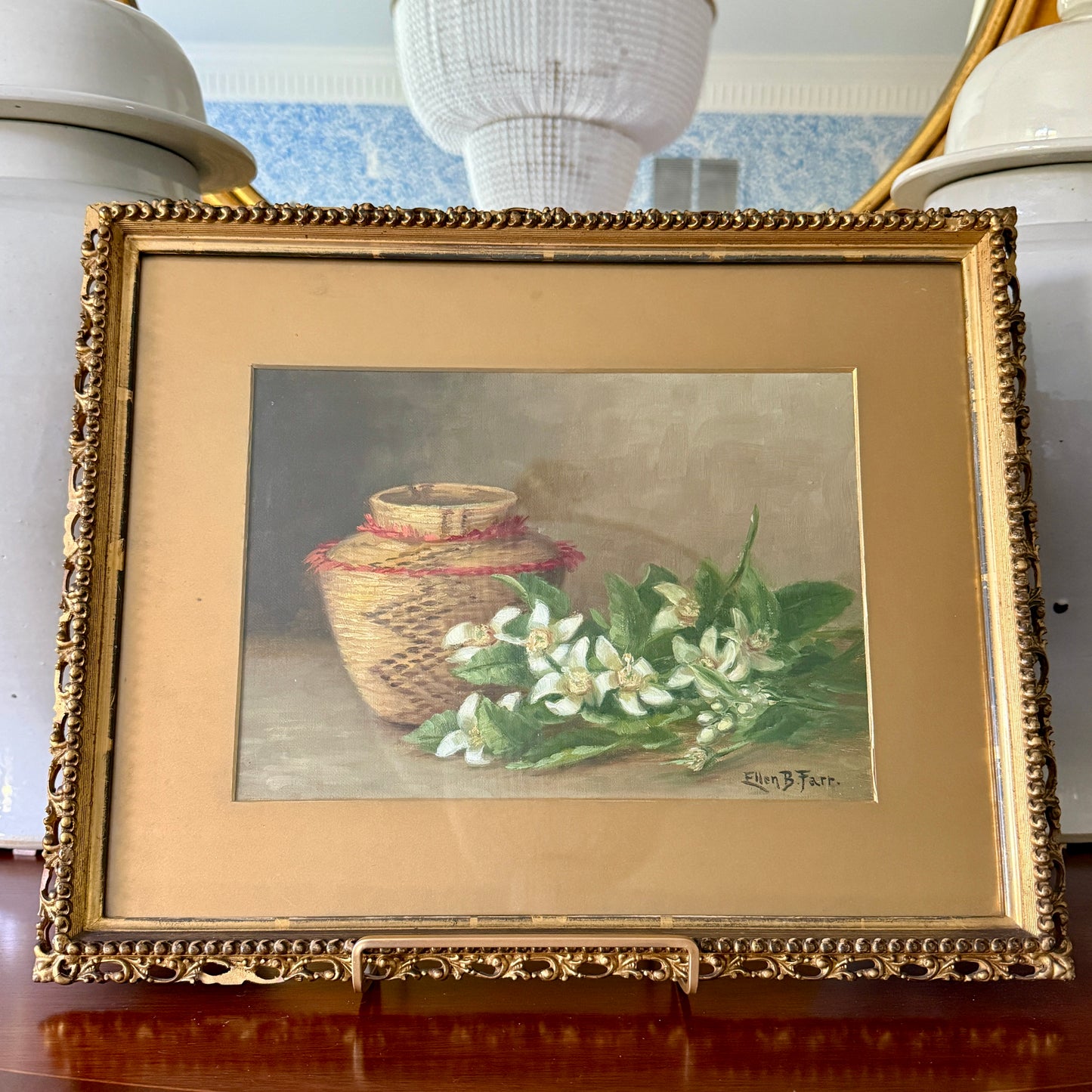 Ellen Frances Burpee Farr Early 20th Century Woven Basket Still Life Oil Painting in Antique Gold Frame