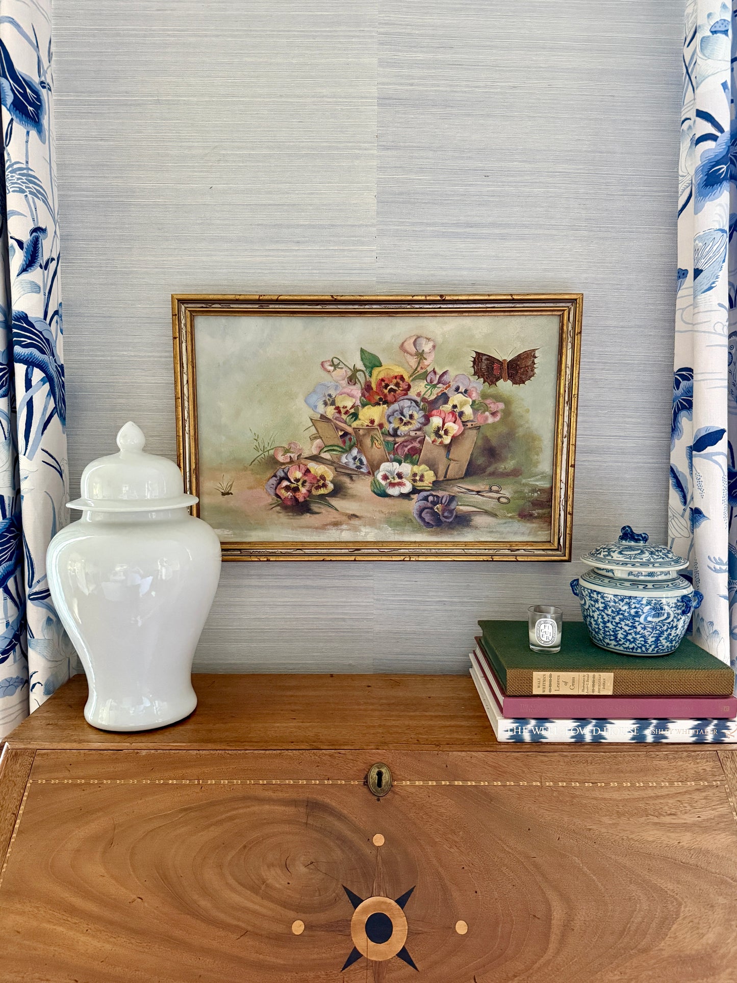 19th Century American Victorian Still Life Pansies in Berry Basket with Butterfly Oil Painting in Gold Frame