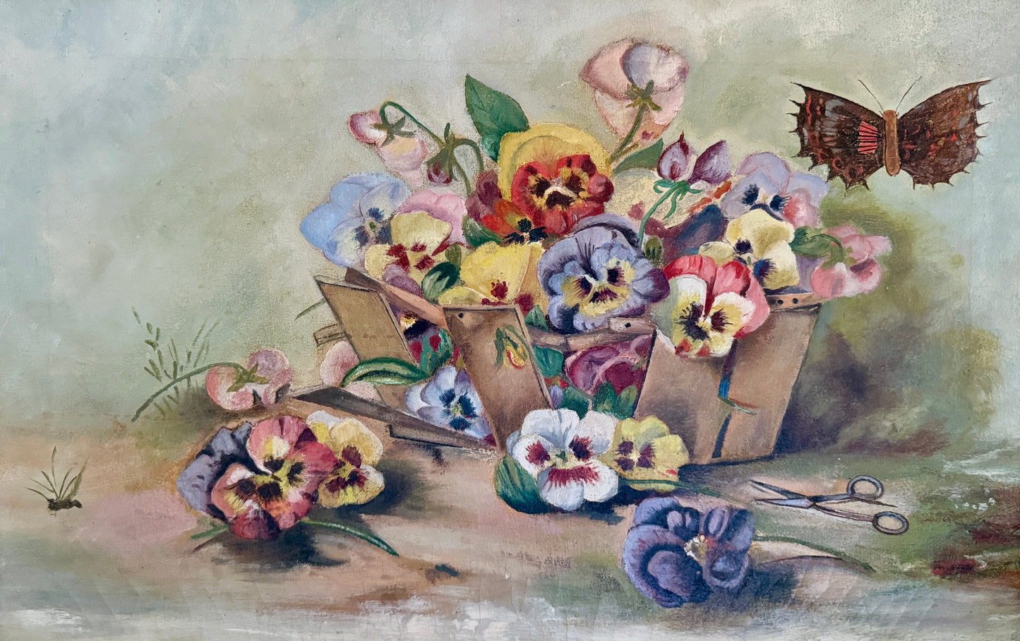 19th Century American Victorian Still Life Pansies in Berry Basket with Butterfly Oil Painting in Gold Frame