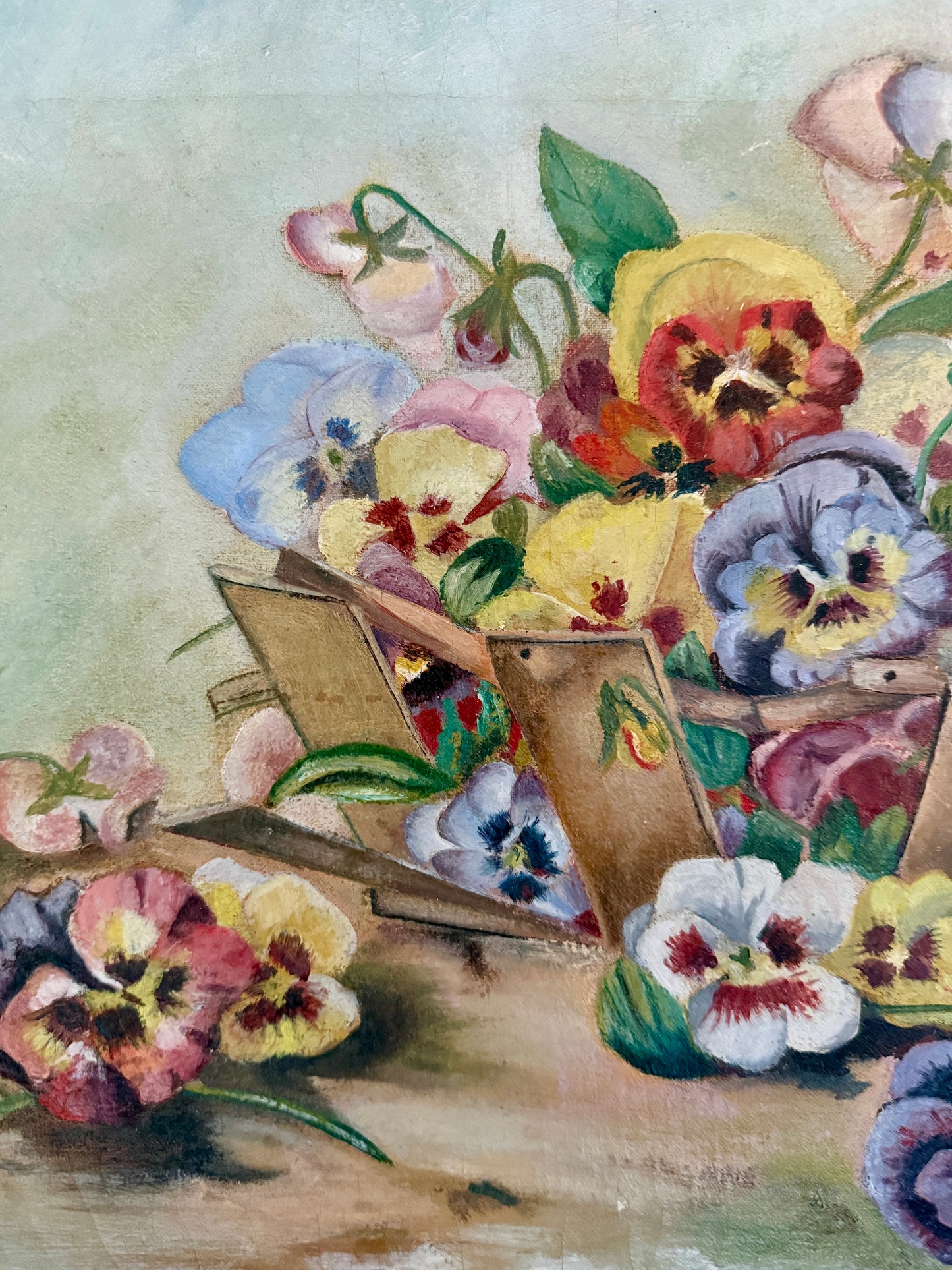 19th Century American Victorian Still Life Pansies in Berry Basket with Butterfly Oil Painting in Gold Frame