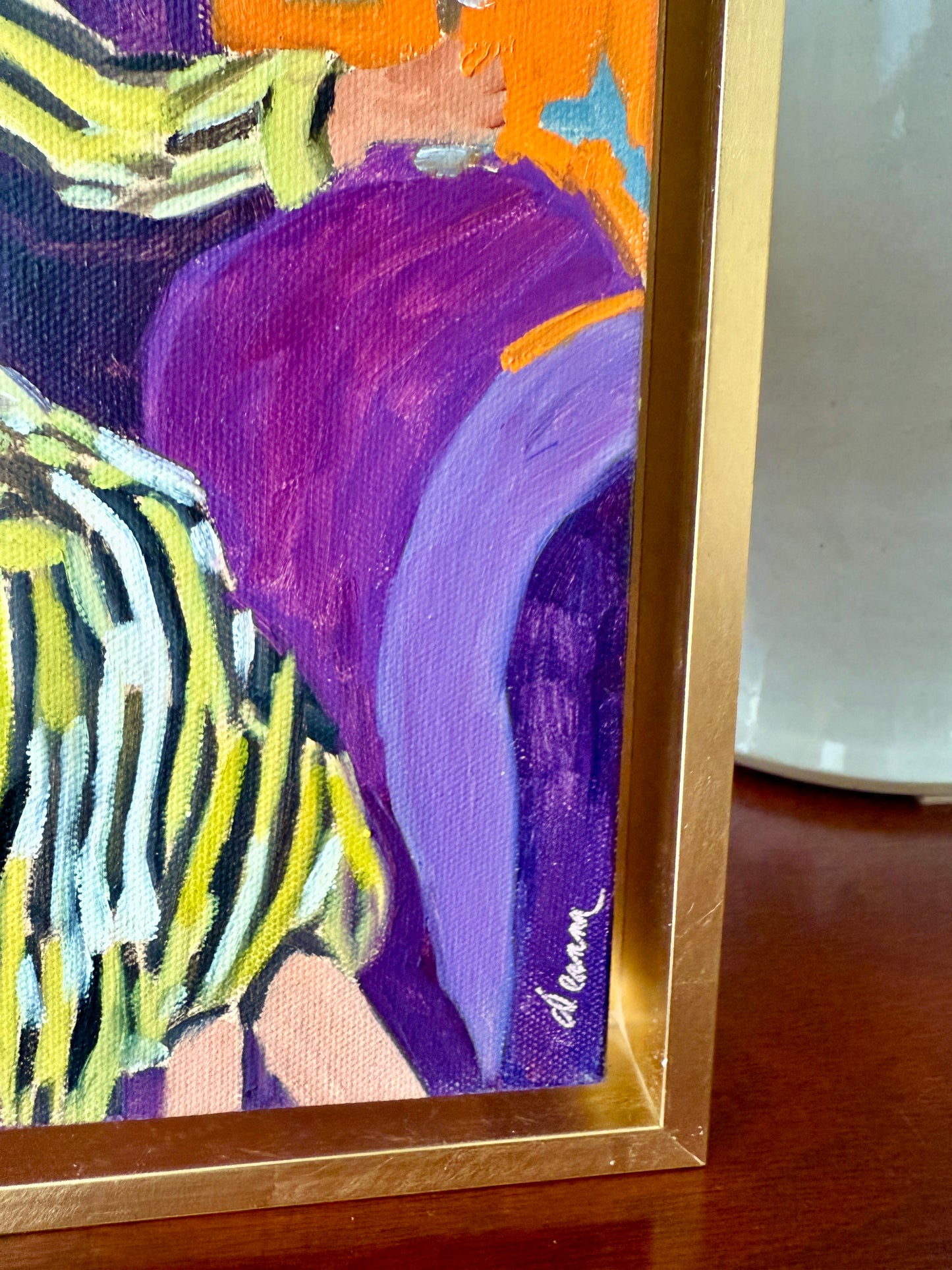 Quiet Indulgence Contemporary Female Portrait in the Manner of Matisse Painting in Gold Frame