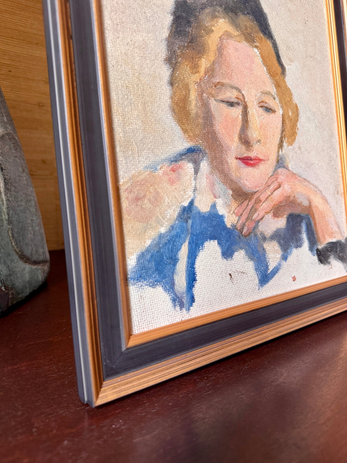 Mid Century French Portrait of a Woman in Black Hat Oil Painting in Black and Gold Frame
