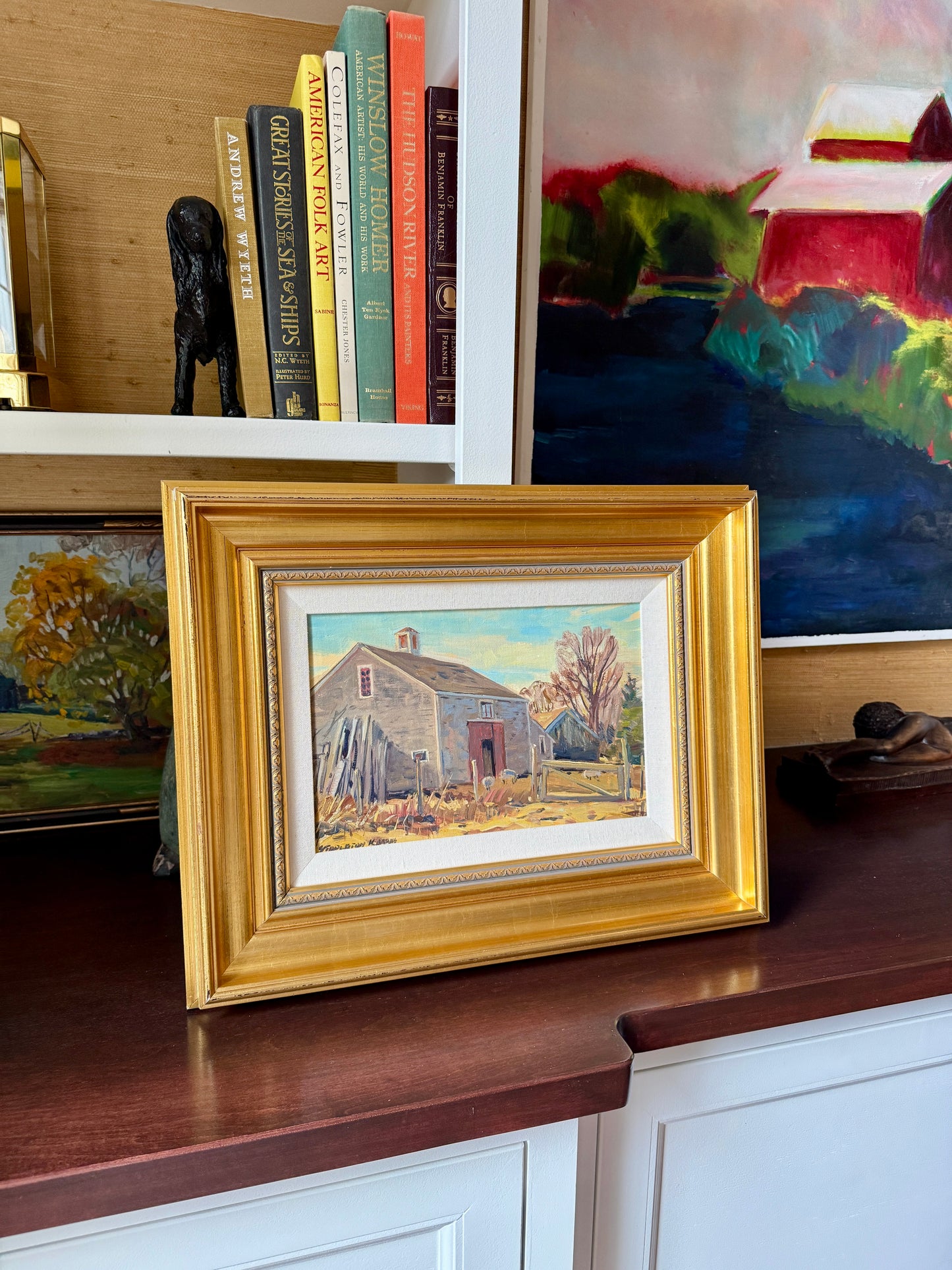 Stapleton Kearns Dan Harrison's Barn New England Farm Landscape with Sheep Oil Painting in Gold Frame