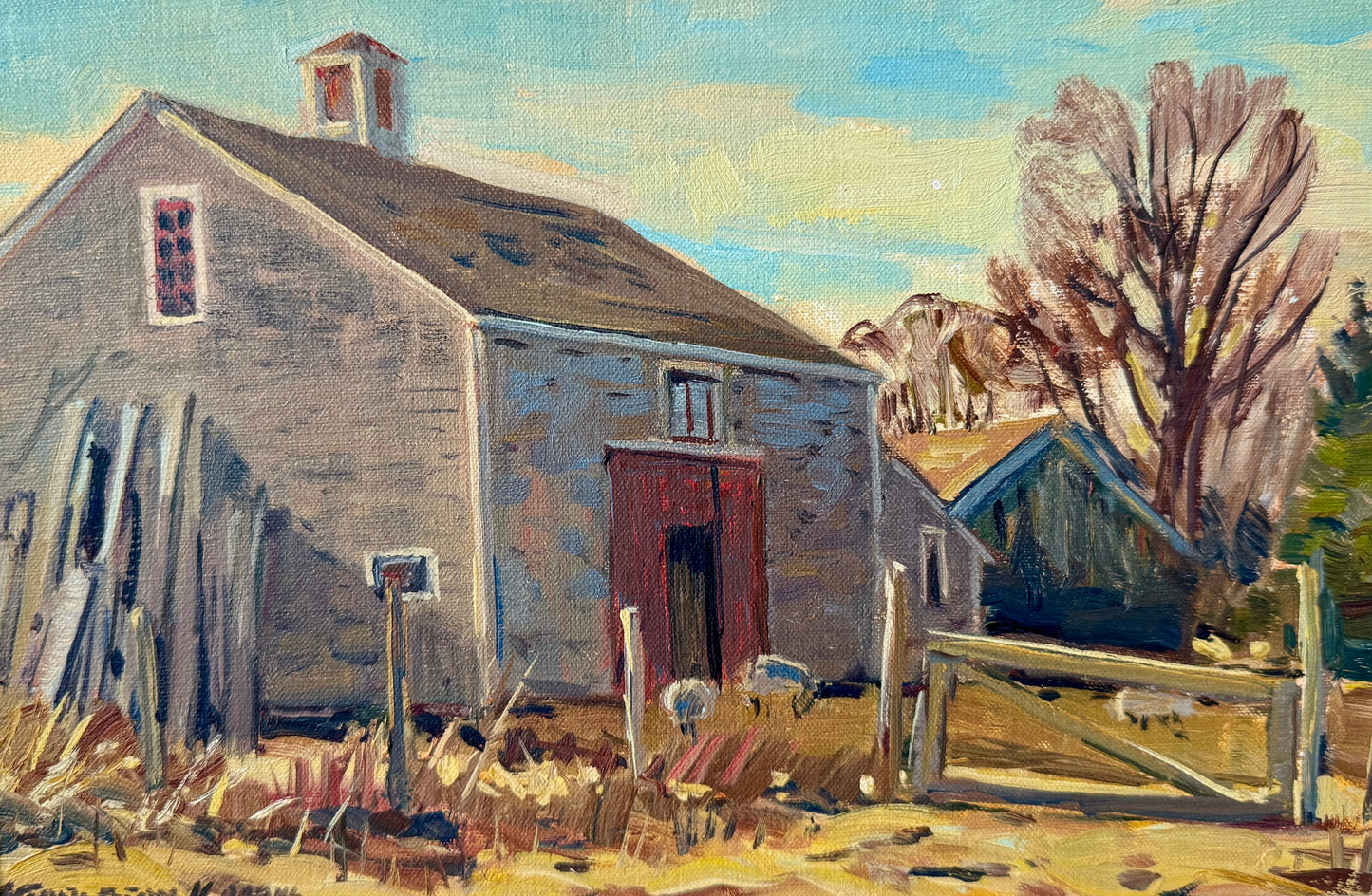 Stapleton Kearns Dan Harrison's Barn New England Farm Landscape with Sheep Oil Painting in Gold Frame