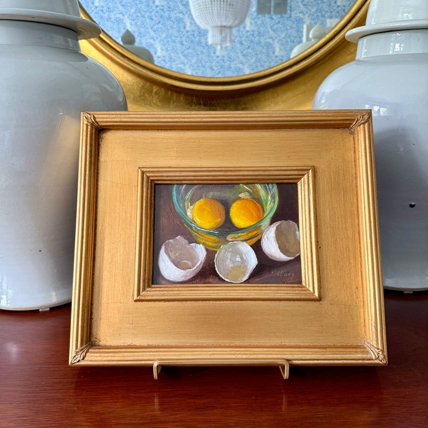 Cracked Eggs in Glass Bowl Realist Still Life Oil Painting in Gold Frame
