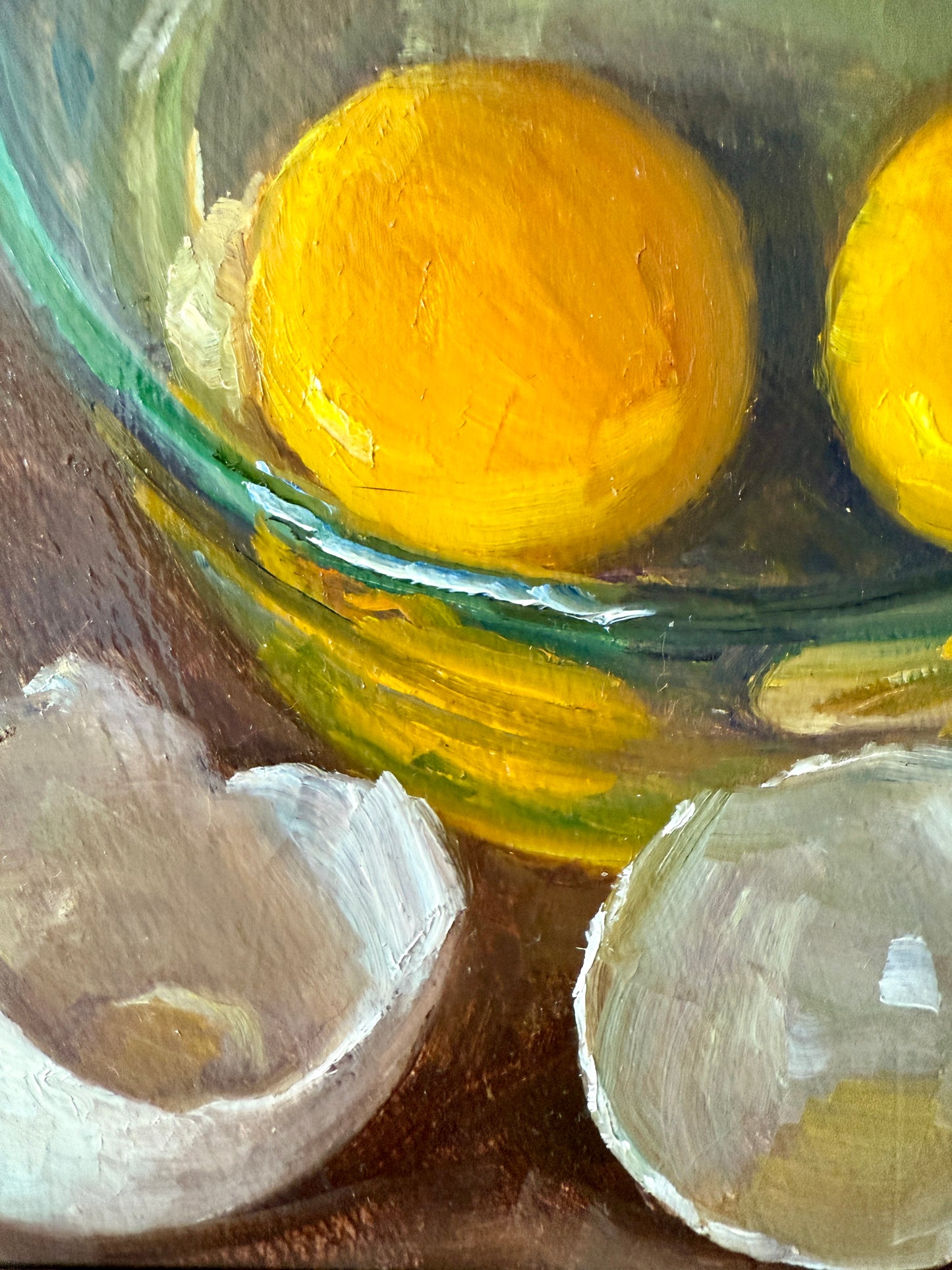 Cracked Eggs in Glass Bowl Realist Still Life Oil Painting in Gold Frame