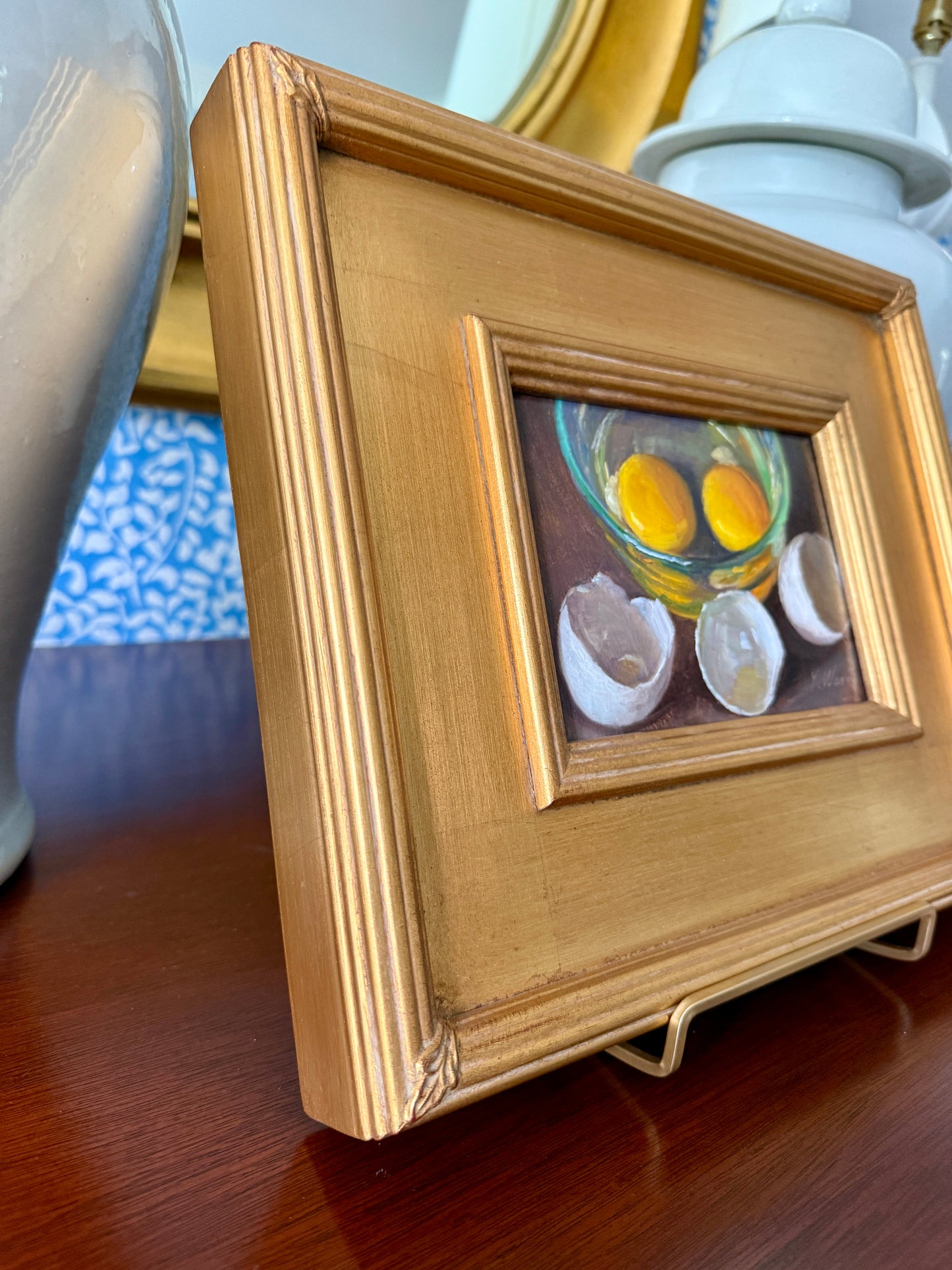 Cracked Eggs in Glass Bowl Realist Still Life Oil Painting in Gold Frame