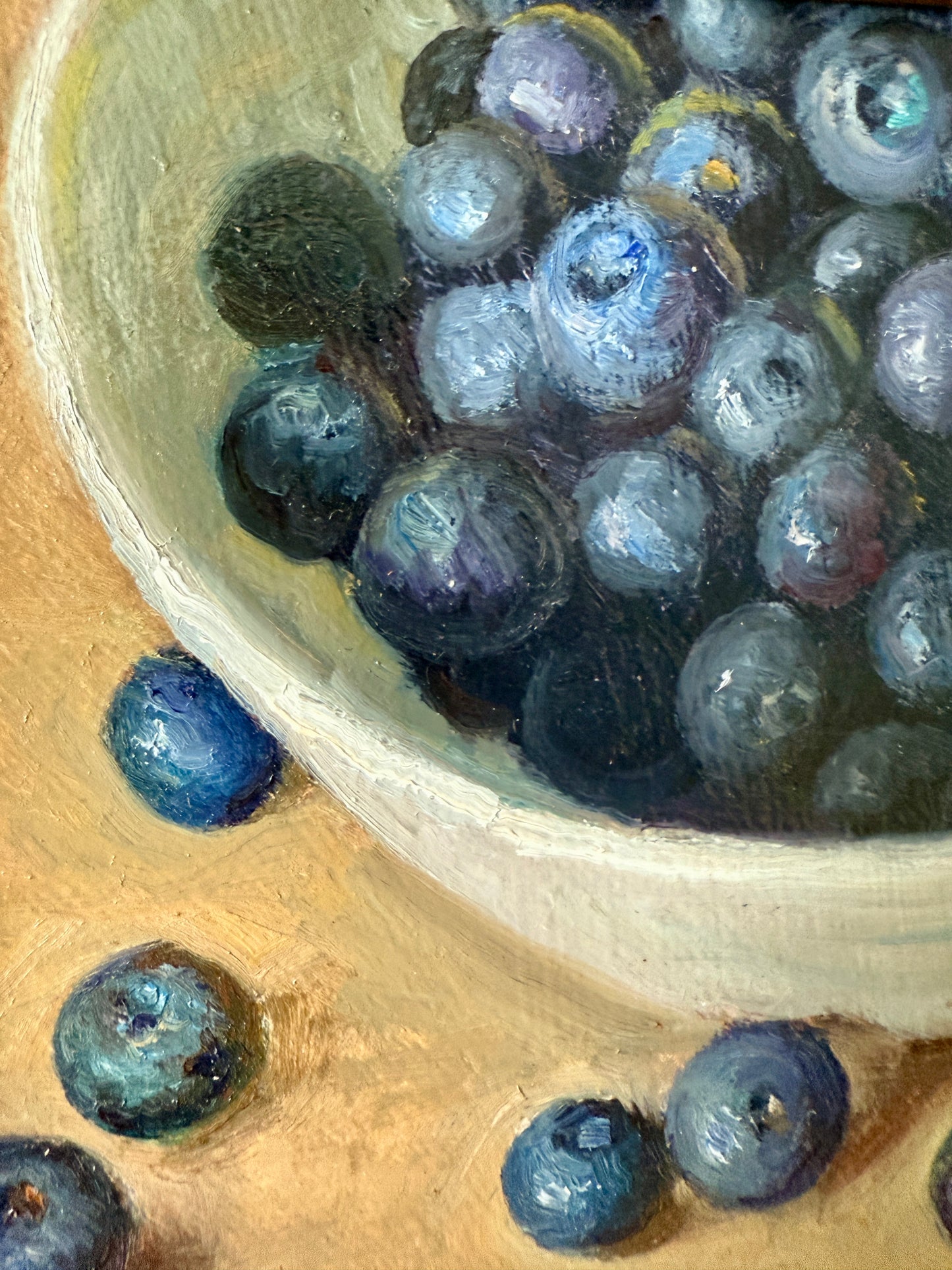 Blueberries in Pottery Realist Still Life Oil Painting in Gold Frame