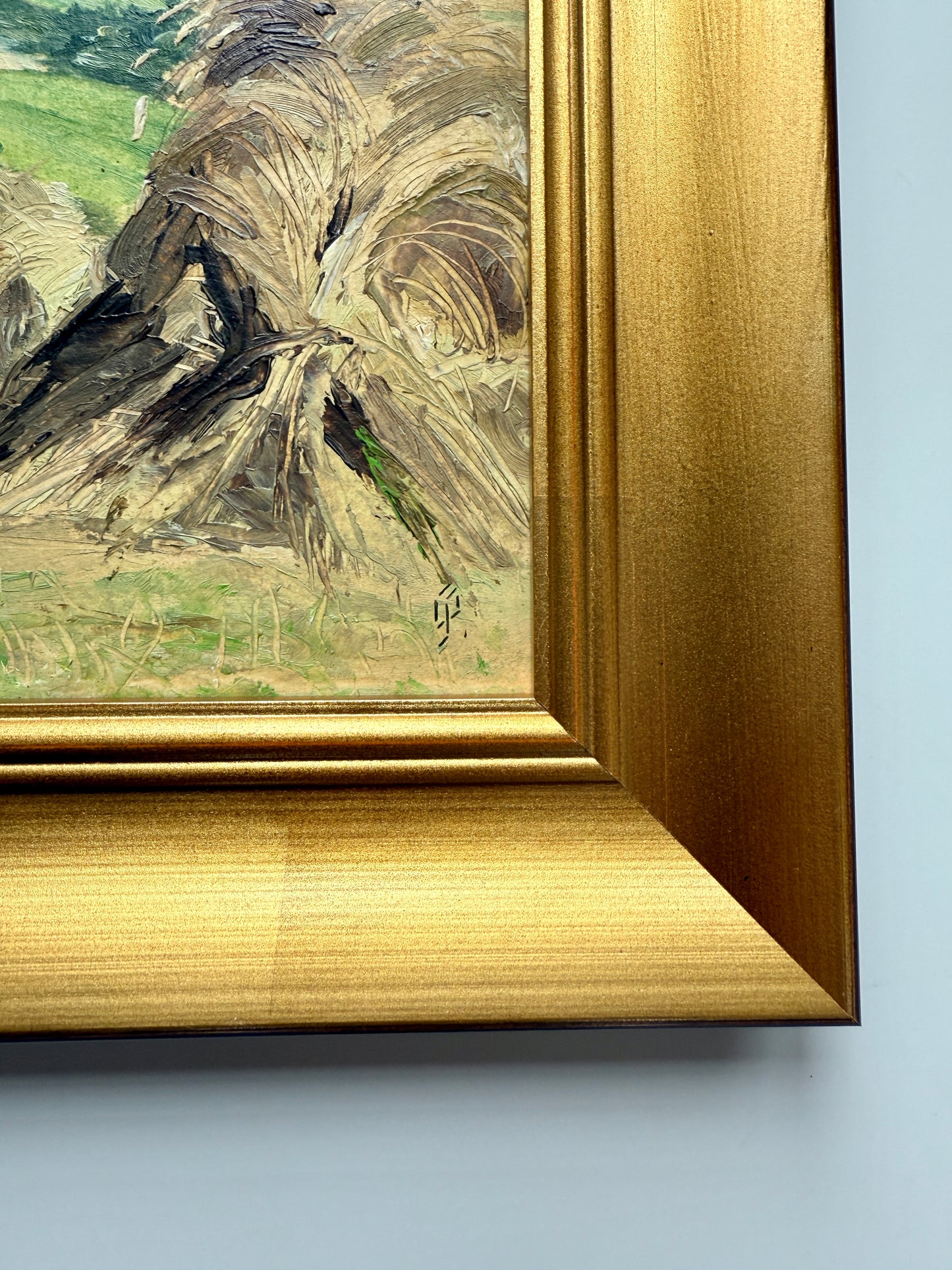 Vintage Summer Haystacks Oil Painting in Gold Frame