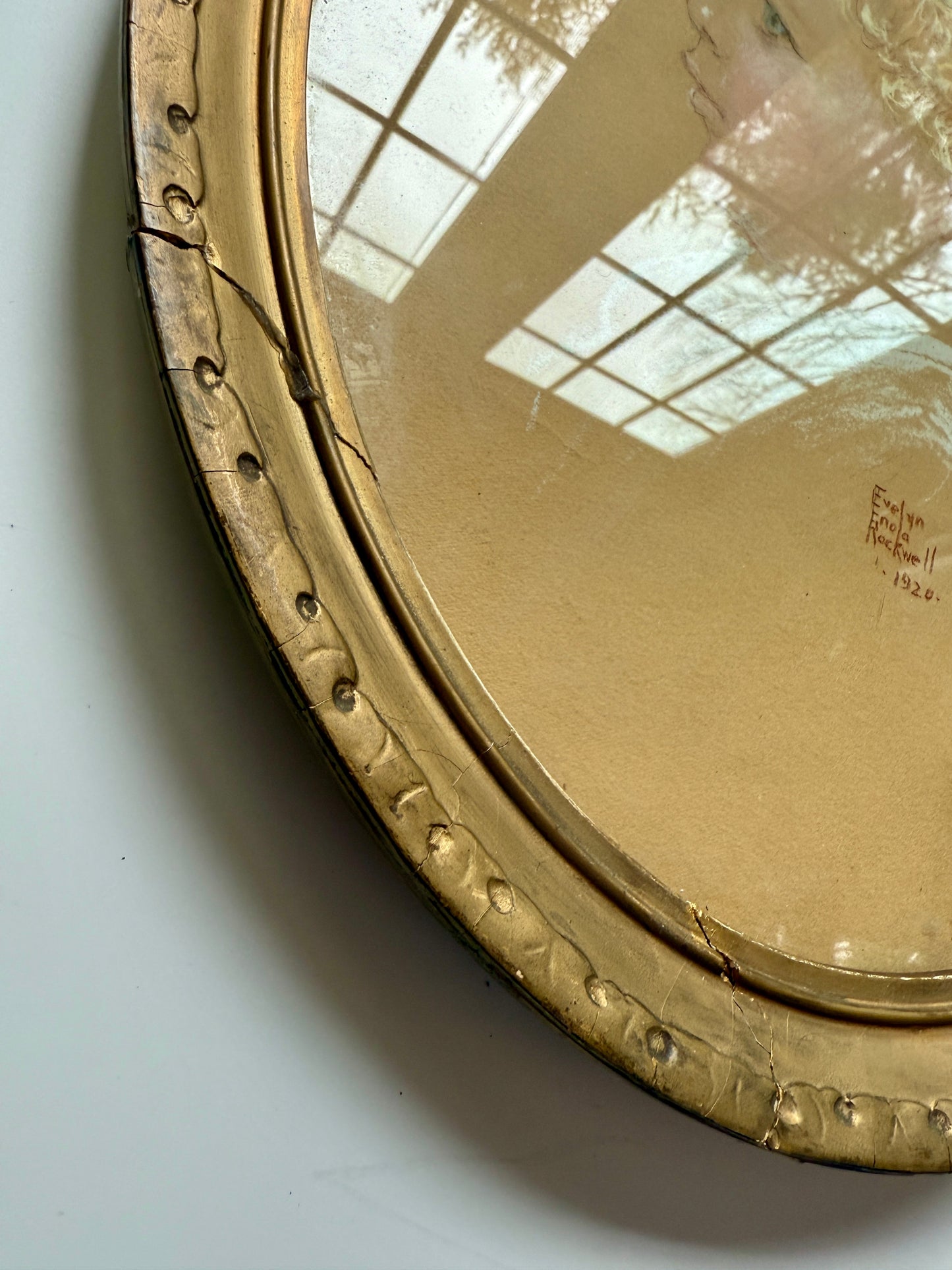 1920 Evelyn Enola Rockwell Pastel Portrait of Blonde Child in Oval Gold Frame