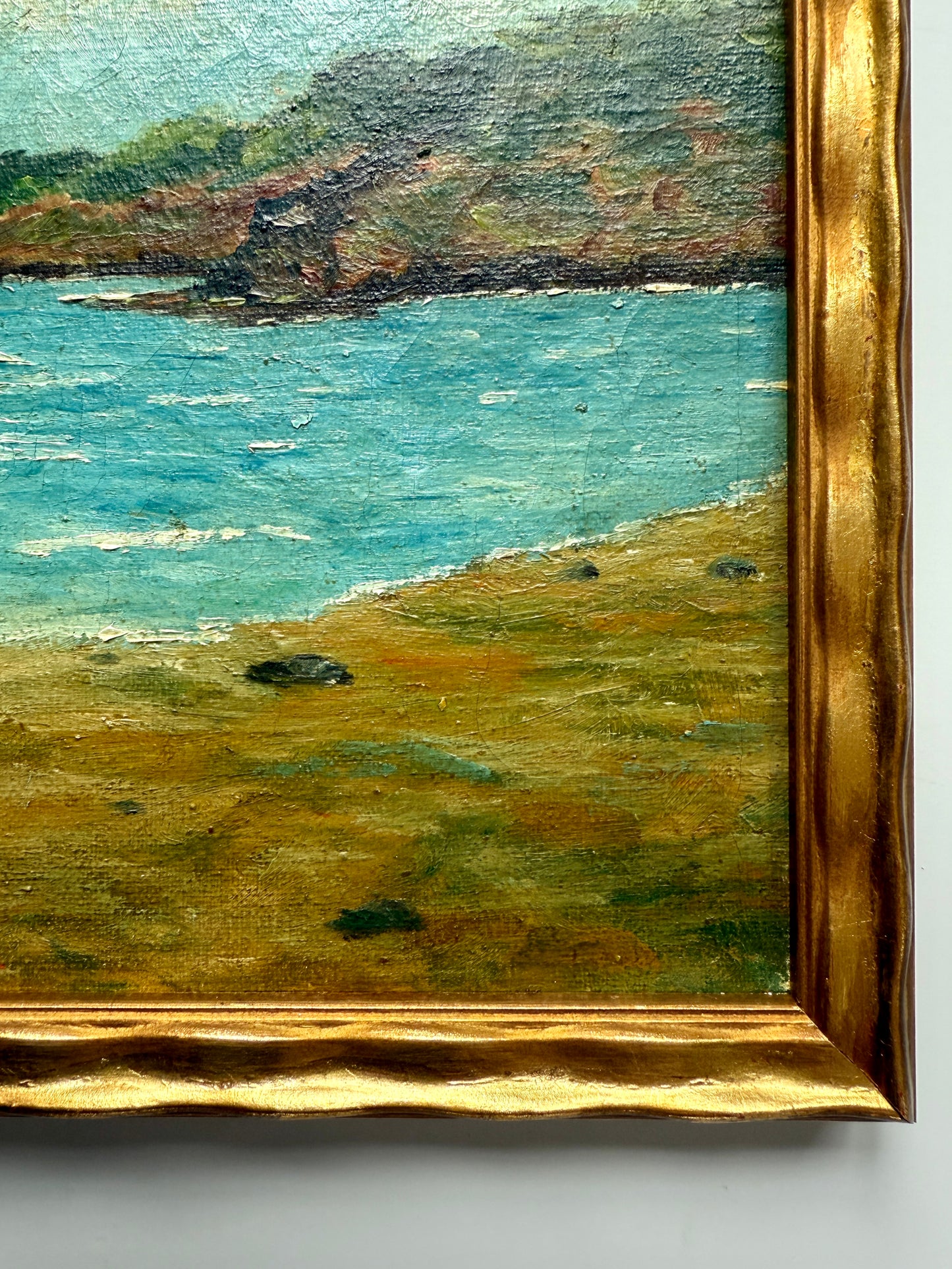 Vibrant Antique Seascape Oil Painting in Wavy Gold Frame