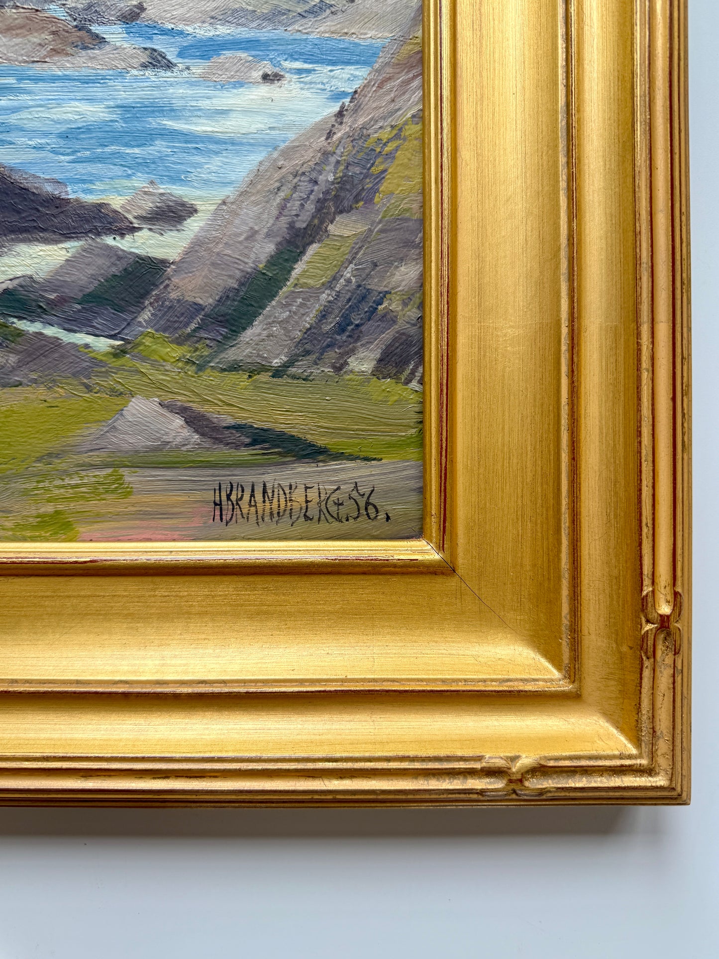 1956 Modernist Rocky Coastal Seascape Oil Painting in Gold Frame