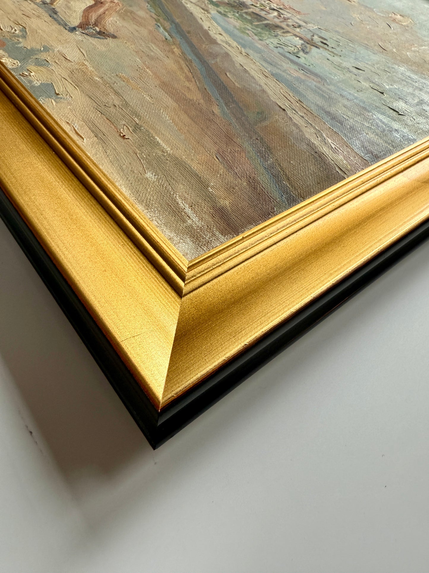 Summer Day at the Pier Woman in Deck Chair Oil Painting in Gold Frame