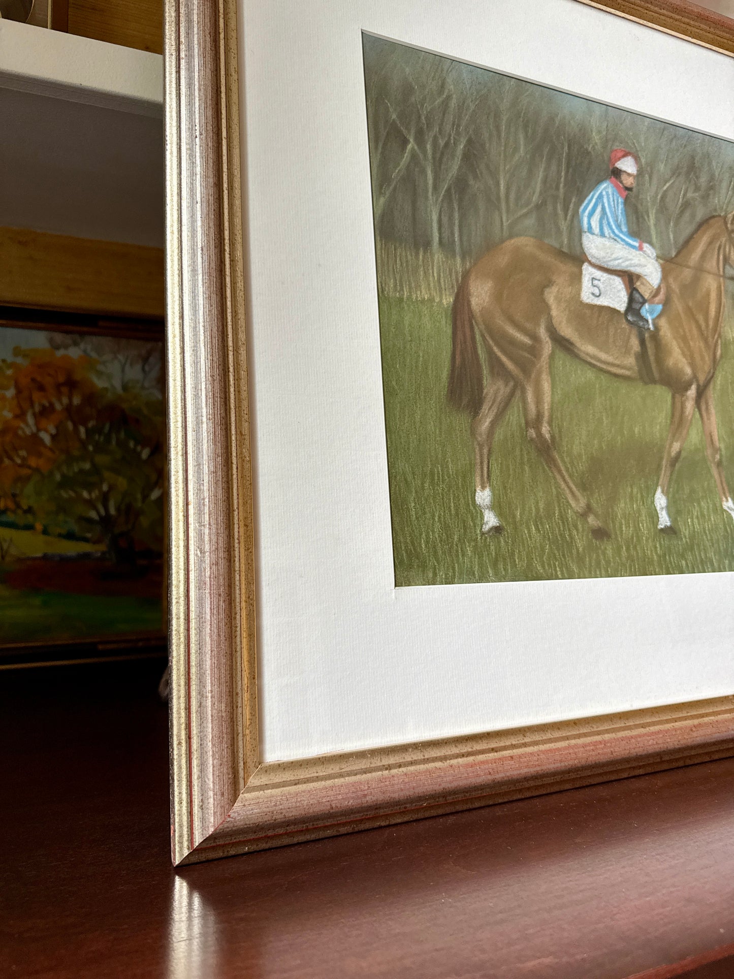 Vintage Jockey in Blue and White Striped Silks on Horse Pastel in Silver Frame