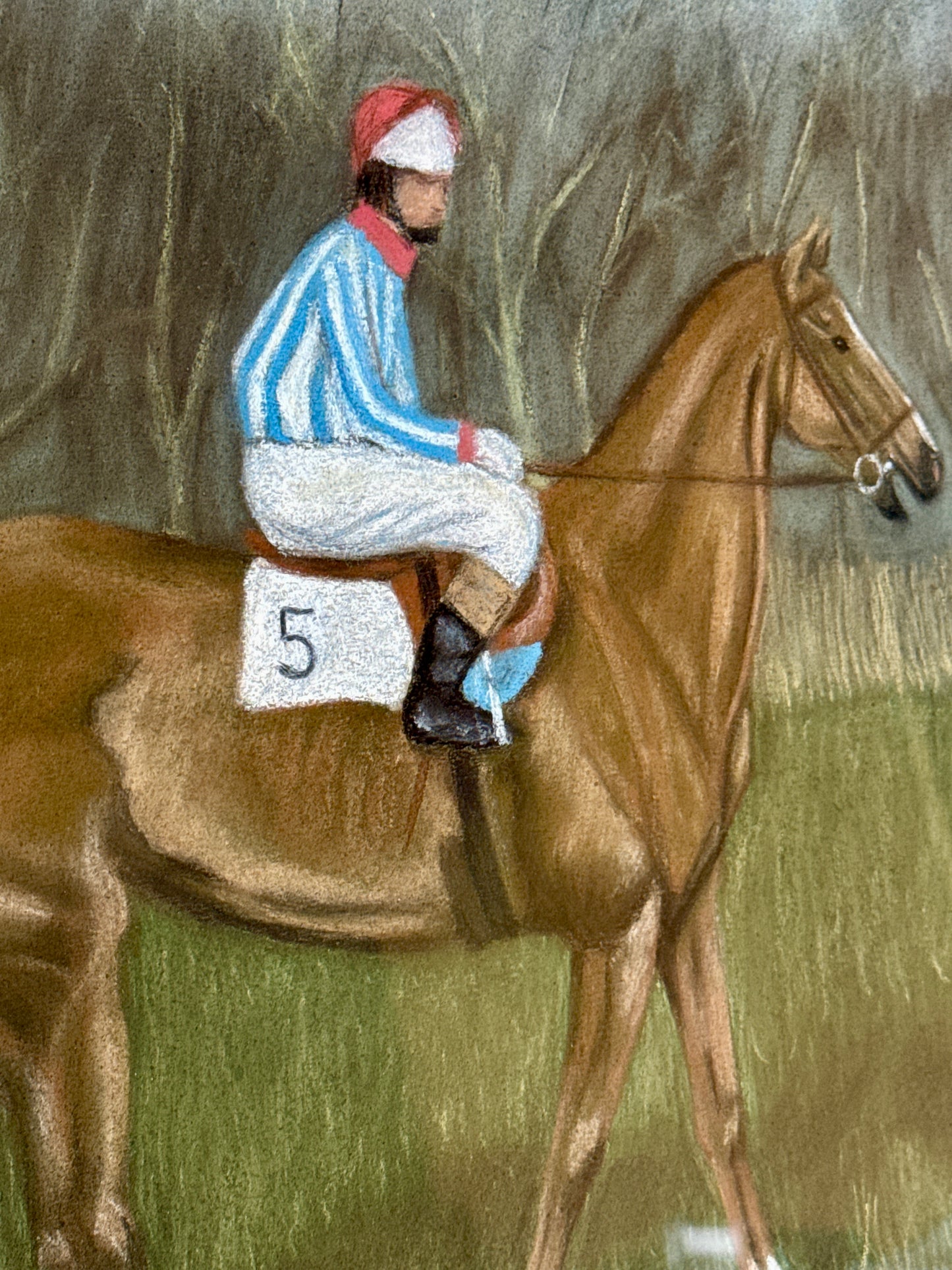 Vintage Jockey in Blue and White Striped Silks on Horse Pastel in Silver Frame