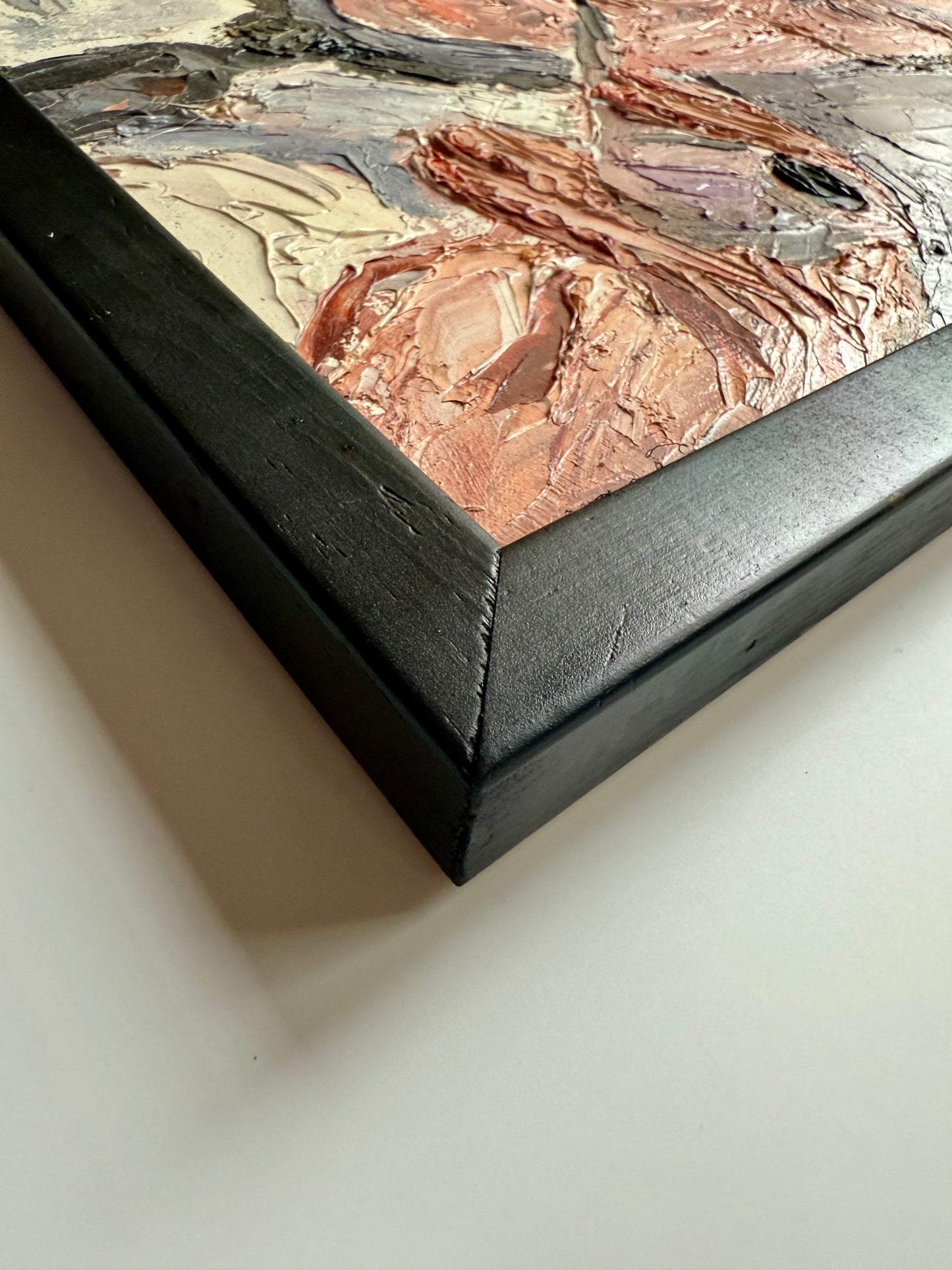 Portrait of Old Man Smoking Pipe Impasto Oil Painting in Black Frame