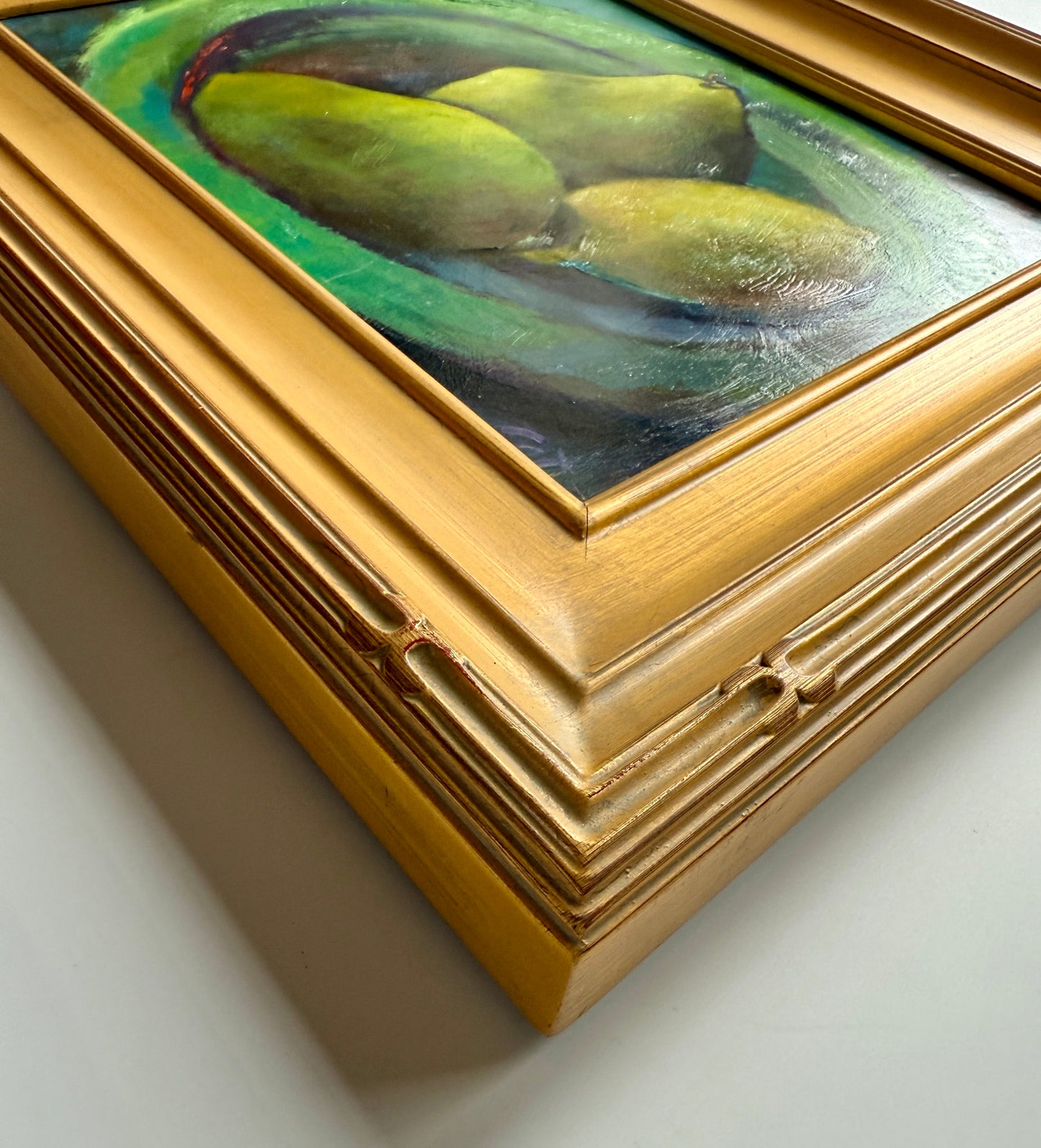 Nancy Catallo Pears in Green Bowl Still Life Oil Painting in Gold Frame