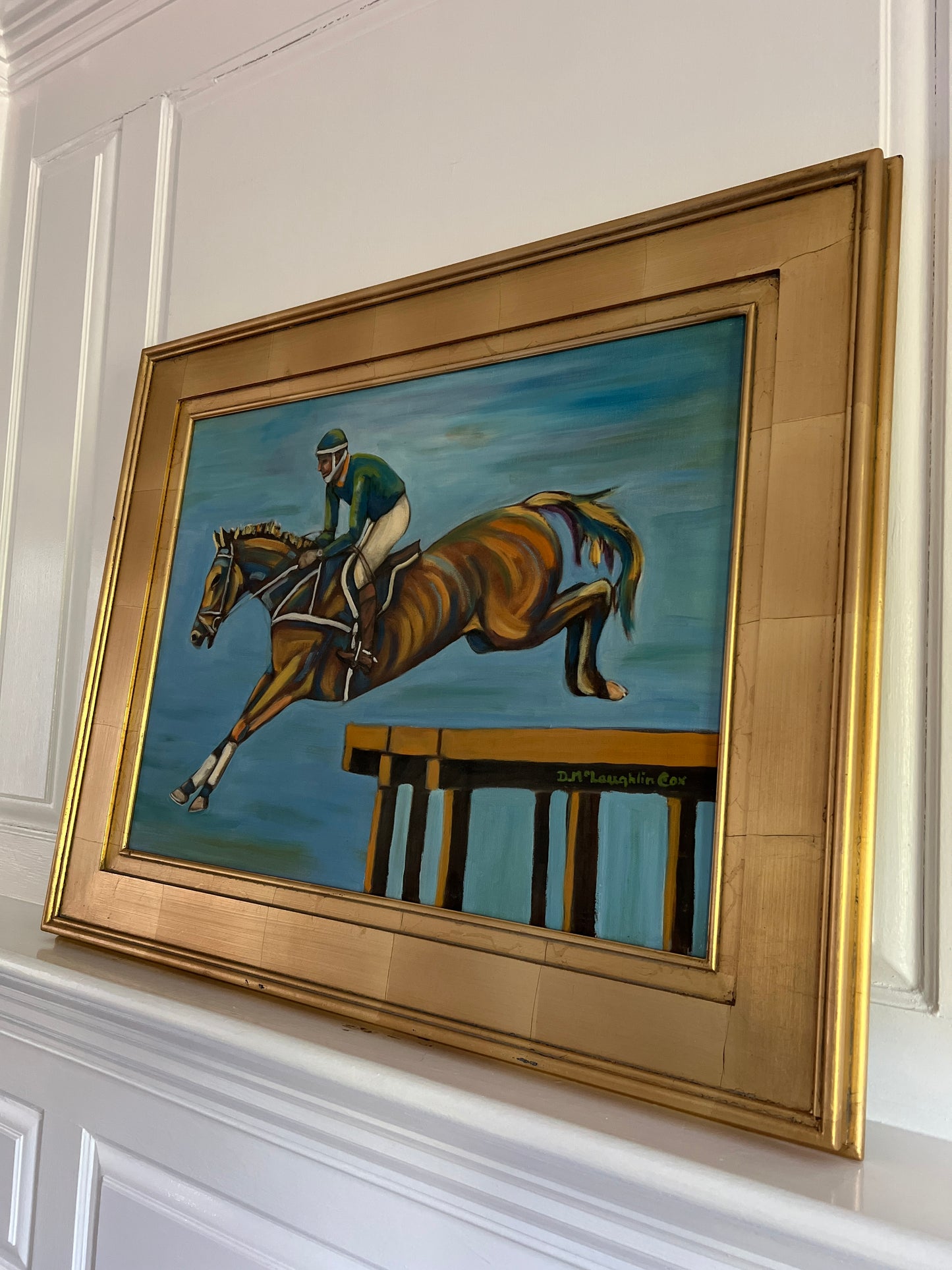 DeVona Cox (1929-2010) Modern Equestrian Horse and Jockey Steeplechase Oil Painting in Gold Frame