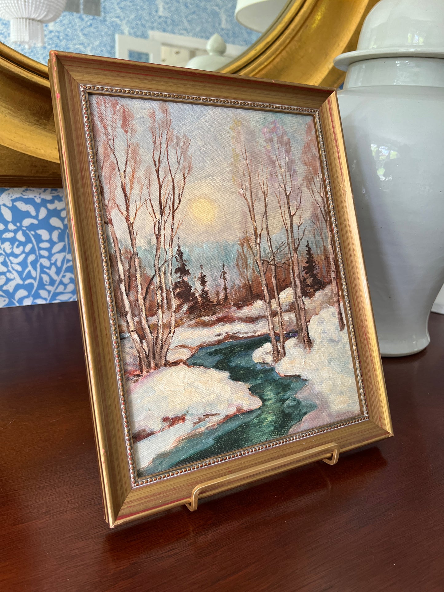 Mid Century Impressionist Snowy Wooded River Birch Tree Landscape Oil Painting in Gold Frame