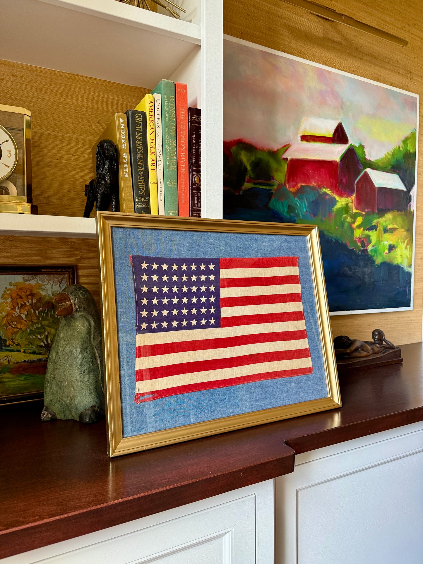 48 Star American Flag on Chambray in Vintage Gold Frame