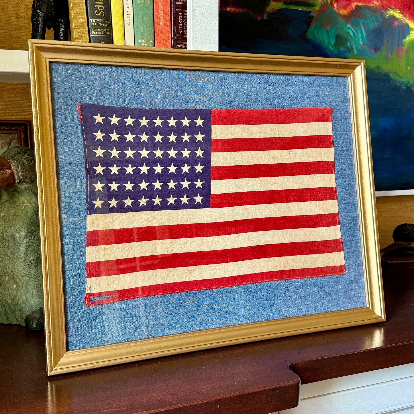 48 Star American Flag on Chambray in Vintage Gold Frame
