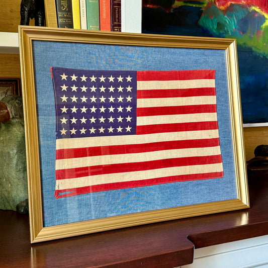 48 Star American Flag on Chambray in Vintage Gold Frame