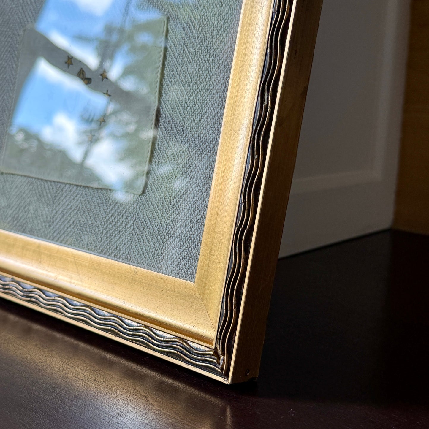 Vintage State of Rhode Island Parade Flag on Tan Herringbone in Wavy Gold Frame