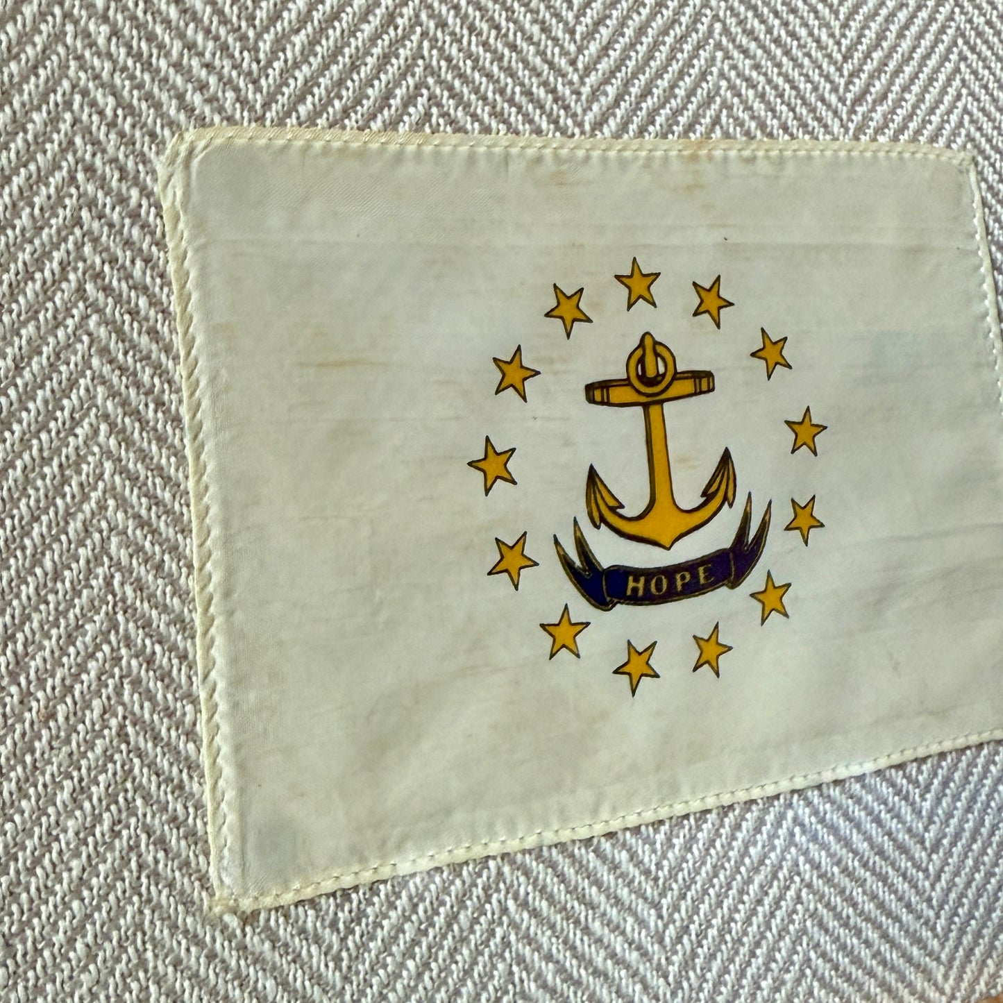 Vintage State of Rhode Island Parade Flag on Tan Herringbone in Wavy Gold Frame