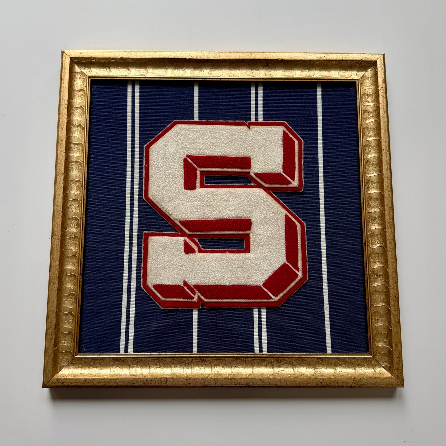 Vintage Large Varsity Initial Letter "S" on Navy White Striped Fabric in Gold Frame