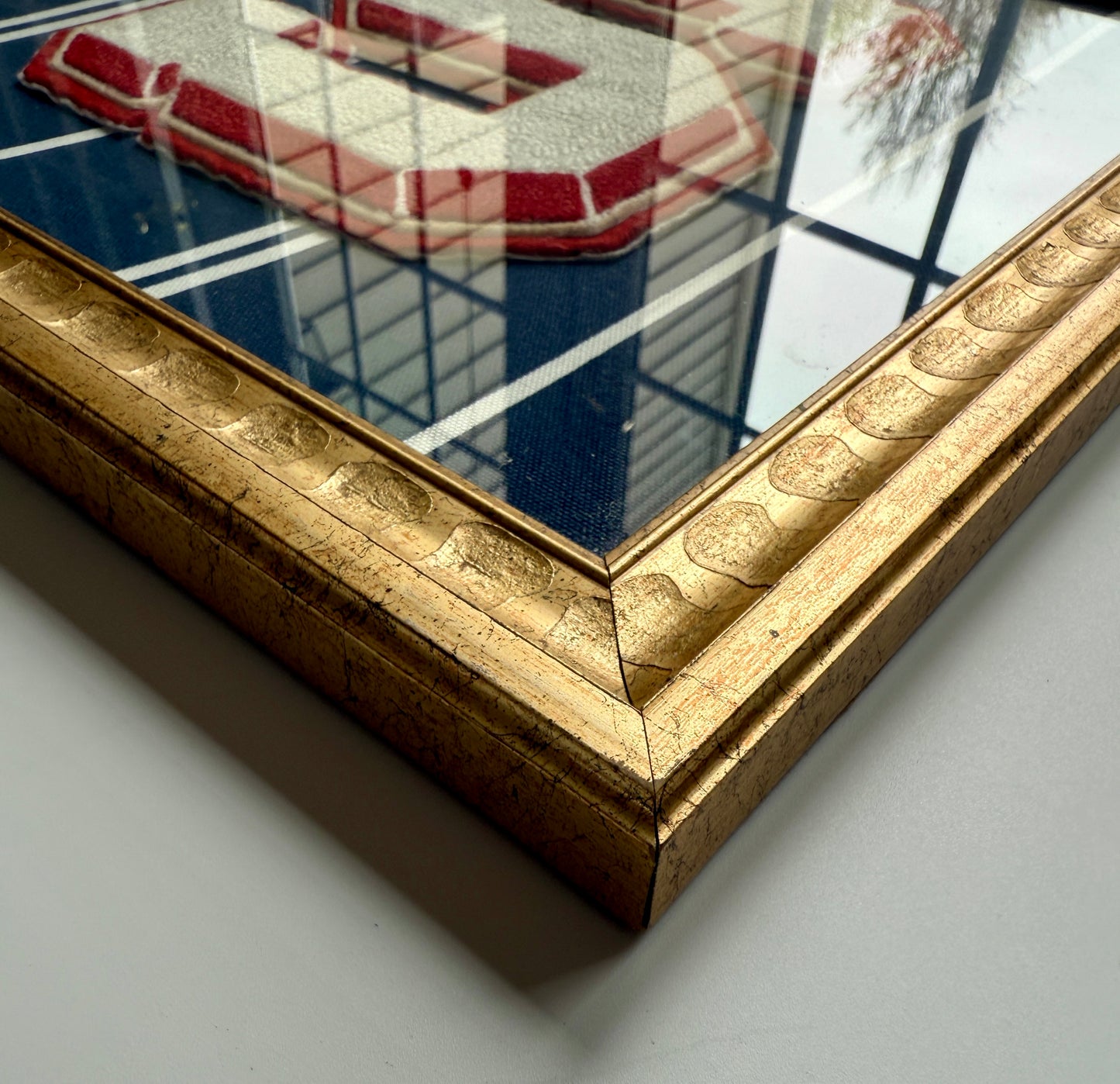 Vintage Large Varsity Initial Letter "S" on Navy White Striped Fabric in Gold Frame