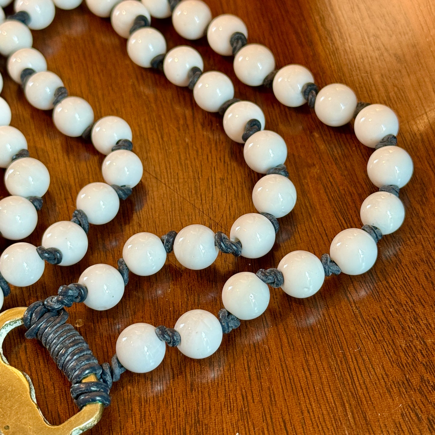 Antique English Horse Brass Ship Medallion and White Shell Beaded Hand Knotted Necklace