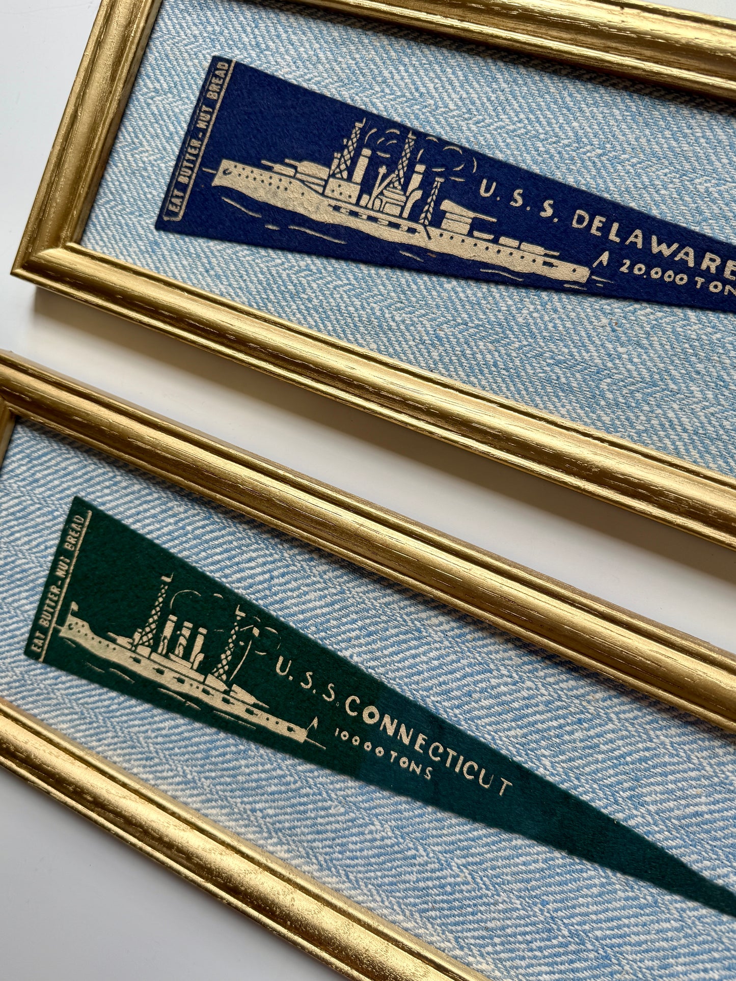 Early 20th Century U.S.S. Connecticut Naval Ship Wool Pennant on Light Blue in Gold Frame