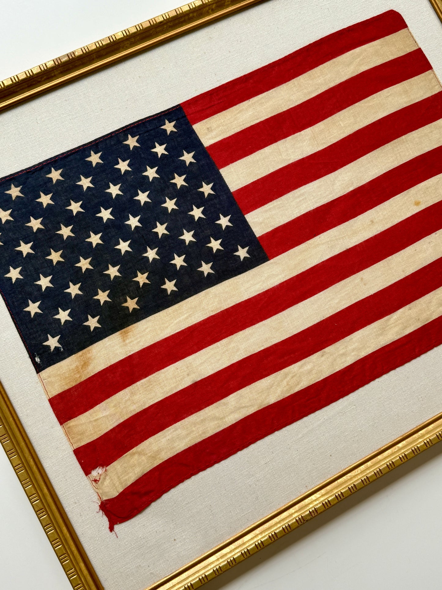 Vintage 50 Star American Flag on Ivory Duck Cloth in Gold Frame
